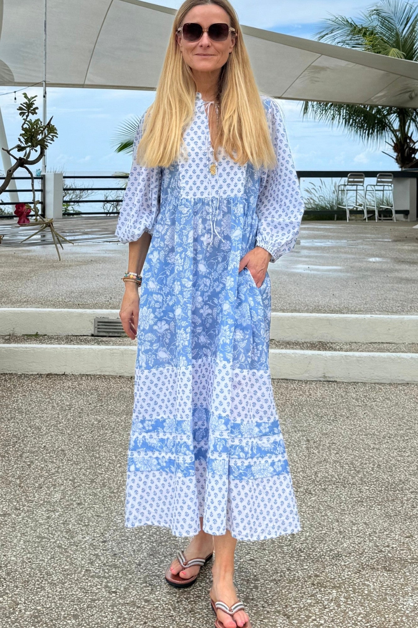 Martha Organic Cotton Floral Print Dress - Blue & White Blossom Design | Women's Casual Summer Dress for Beach, Picnic & Outdoor Activities