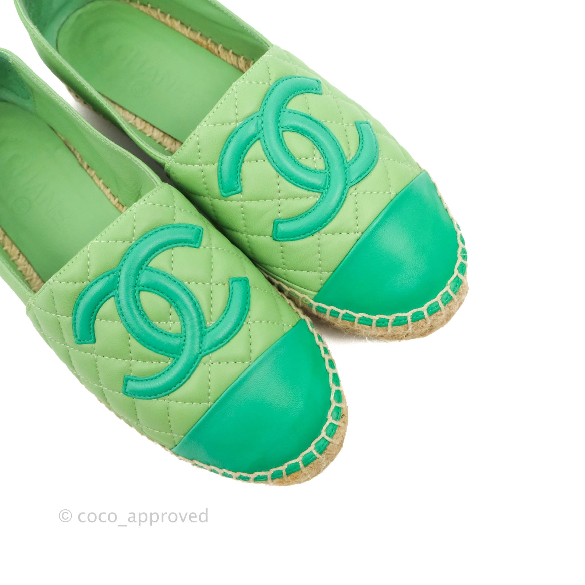 Chanel CC Logo Quilted Green Lambskin Espadrilles Flats - Women's Size 37 EU (US 7) | Luxury Designer Shoes for Casual Outings & Summer Vacations