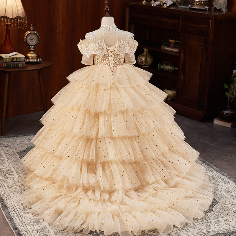 Elegant Gold Sequin Tulle A-Line Flower Girl Dress with Lace & Beaded Details - Perfect for Weddings, Pageants, and Special Occasions
