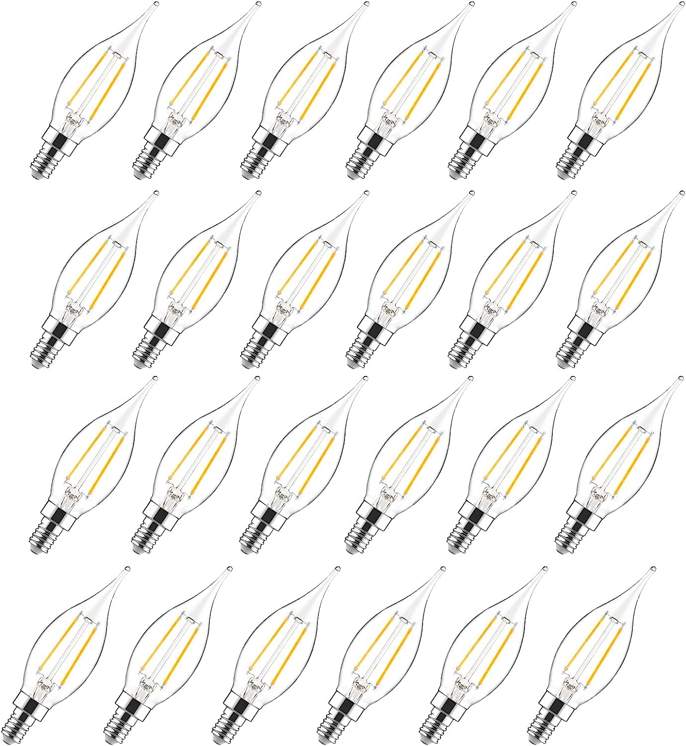 E12 Candelabra LED Light Bulbs 60W Equivalent - Dimmable CA10 Flame Tip Candle Bulbs 2700K Soft White - Clear Glass E12 LED Bulbs for Chandeliers, Ceiling Fans, Pendants (24 Pack) - Perfect for Dining Rooms, Bedrooms & Vintage Lighting Fixtures