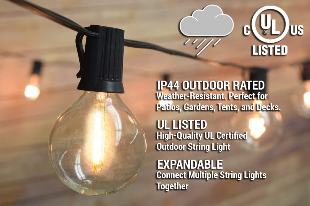 51 FT Shatterproof LED String Lights for Outdoor Patio, 50 Socket E12 C7 Base G40 Bulbs (1 Watt), Black Cord - Weatherproof Party & Garden Decoration Lights by PaperLanternStore.com