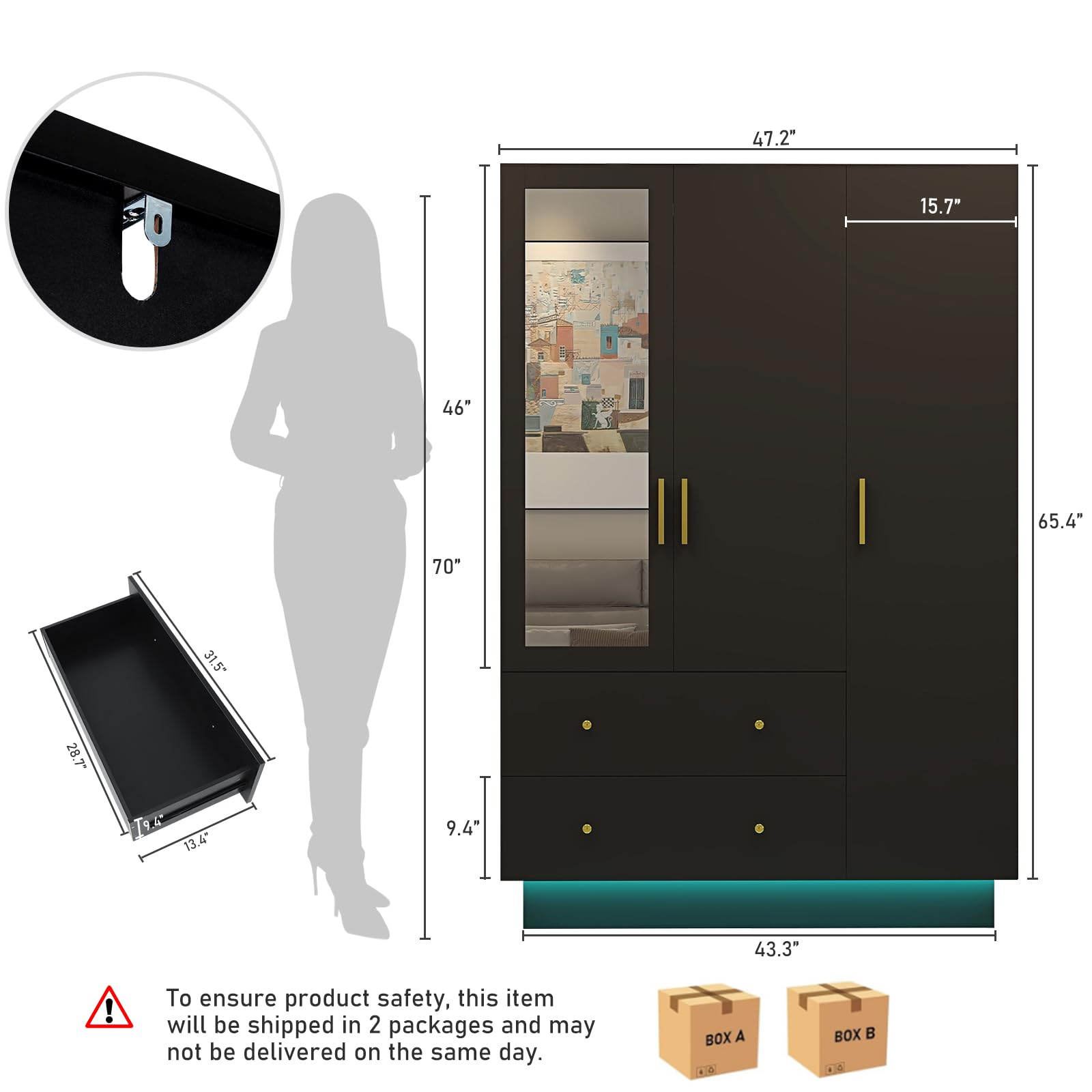 Modern 3-Door Wardrobe Closet with Full-Length Mirror & LED Lights - Wooden Armoire with Drawers, Shelves & Hanging Rod - Black Bedroom Storage Solution for Clothes, Shoes & Accessories | Perfect for Master Bedroom, Guest Room or Dorm Organization