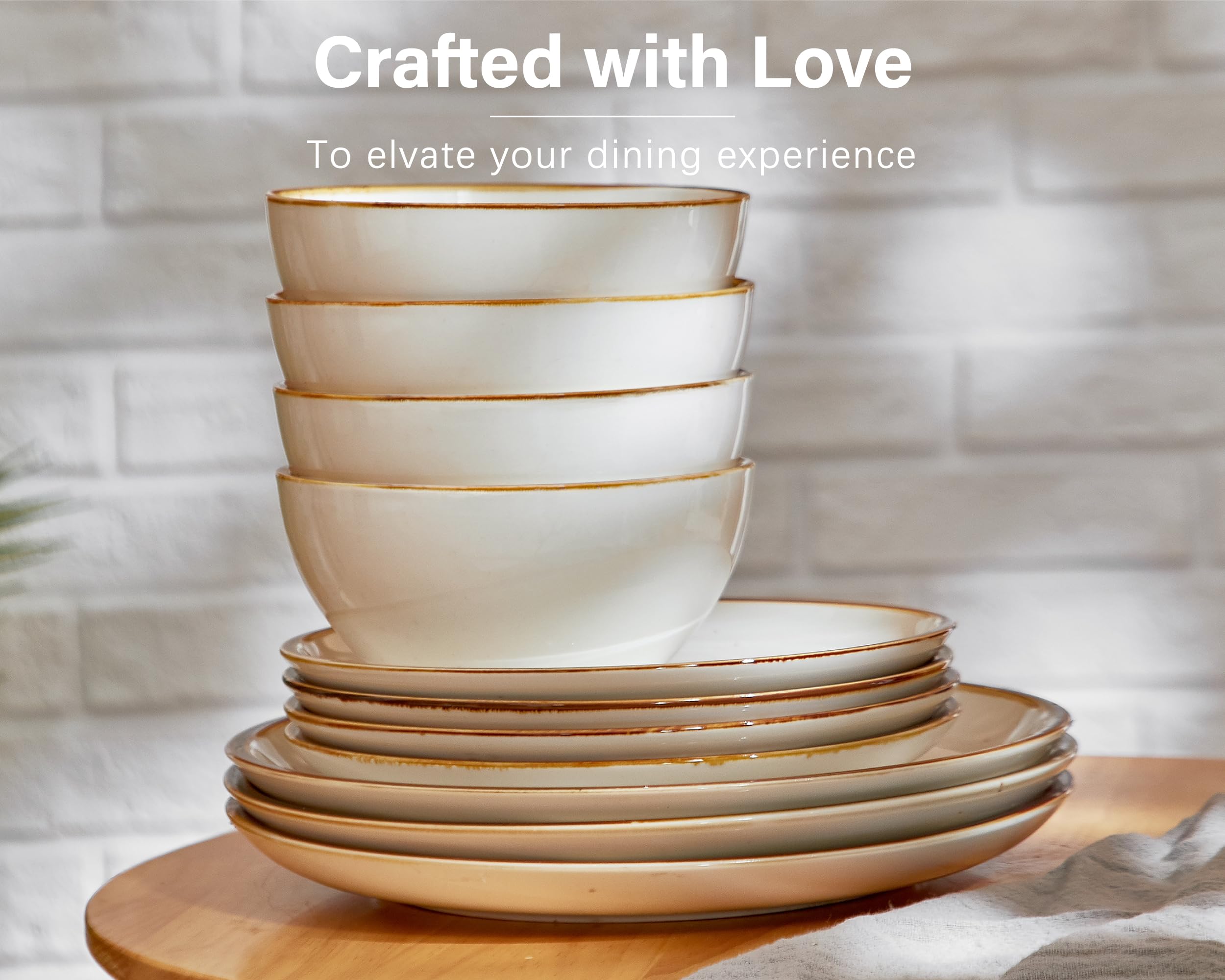 ONEMORE 6-Piece Ceramic Bowl Set - 24 oz Microwave & Oven Safe Soup, Cereal, Salad Bowls with Brown Rim - Dishwasher Safe Scratch-Resistant Cream White Bowls for Home, Restaurant & Daily Use