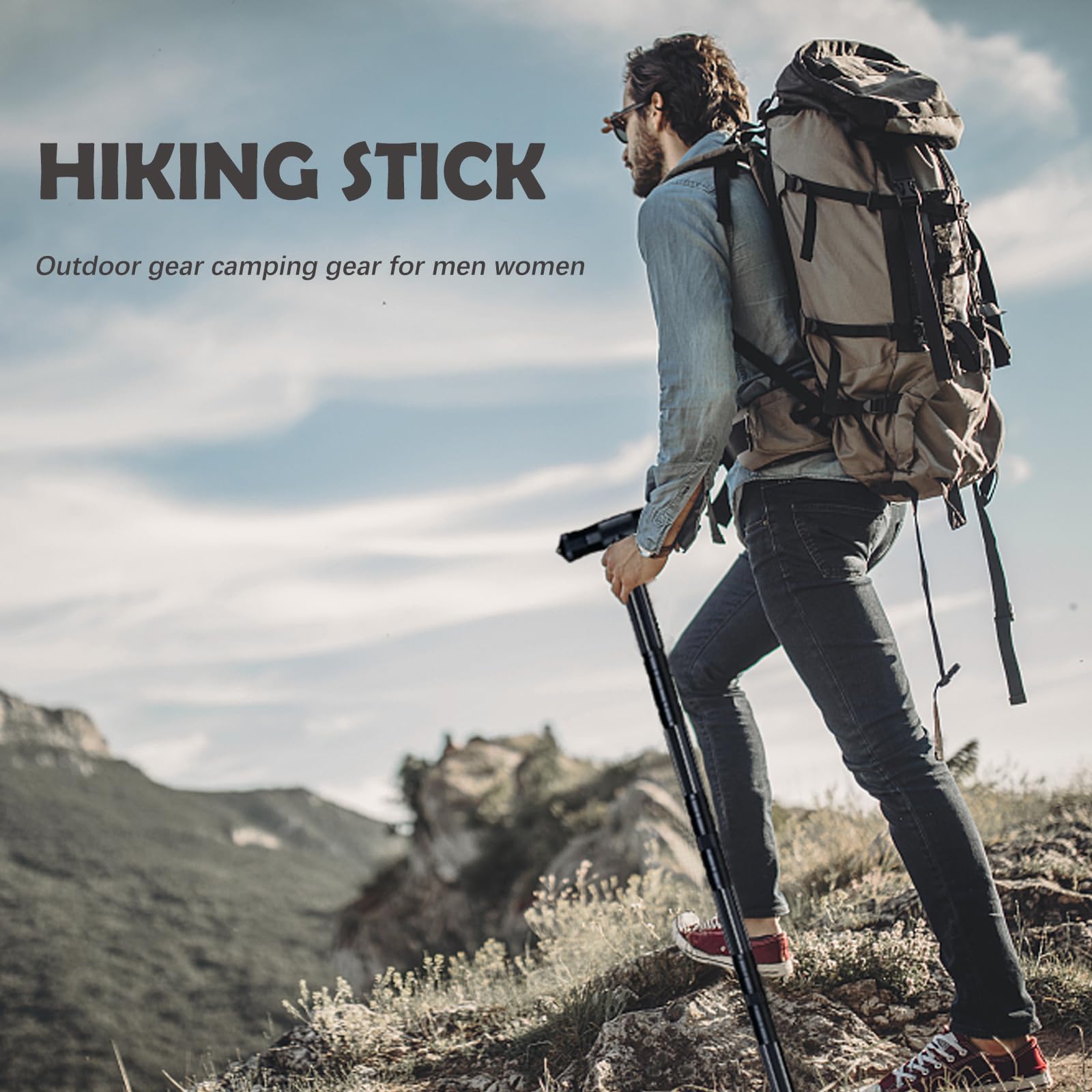 Tactical Hiking Stick - Adjustable Trekking Pole with Multitool for Men & Women | Portable Walking Staff for Outdoor Camping, Hiking & Backpacking | Durable & Lightweight (Gray)