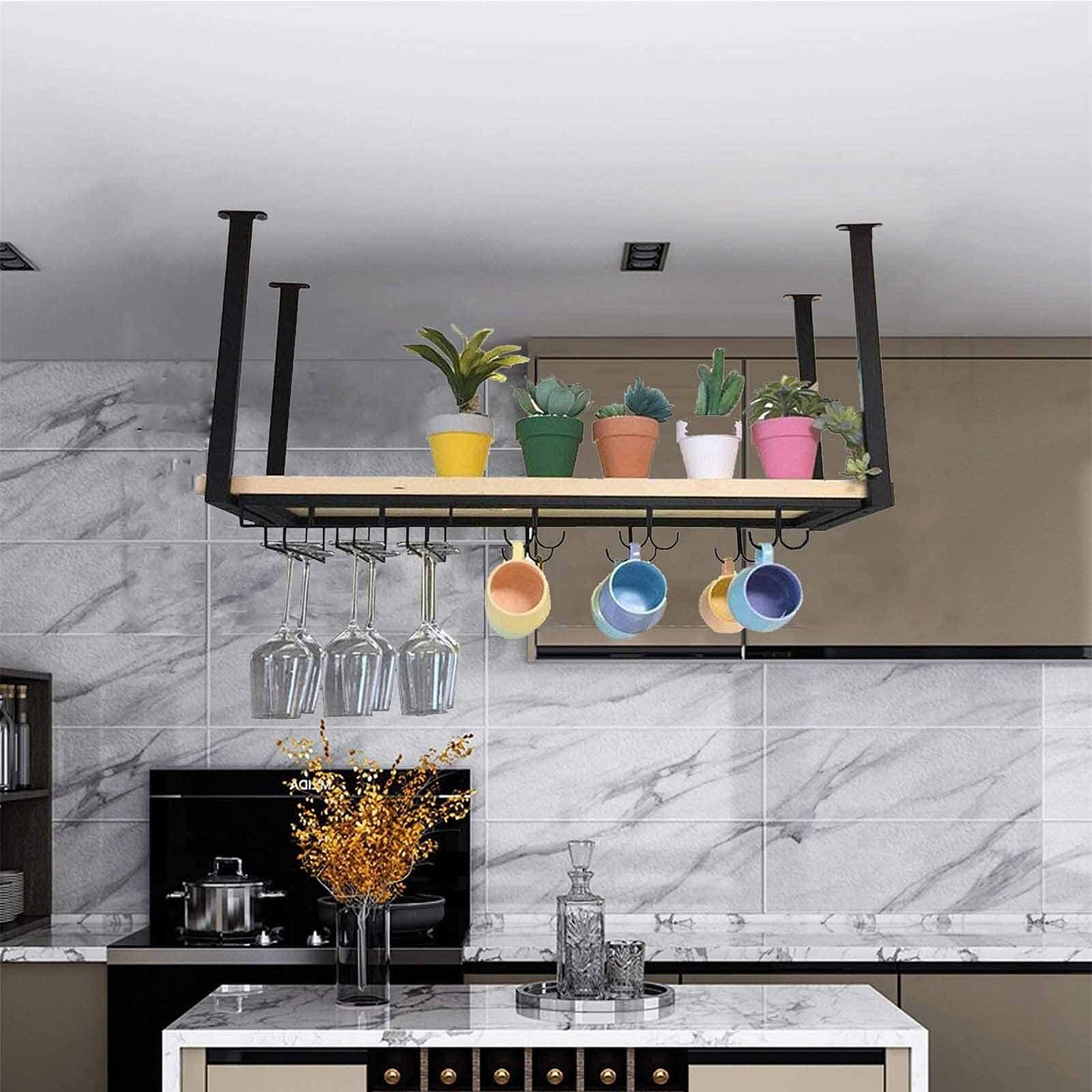 Hanging Wine Glass Holder - Solid Wood Ceiling & Wall Mount Wine Rack, Wrought Iron Floating Shelves for Kitchen & Bar Storage | Indoor Home Decor for Wine Display & Glass Organization