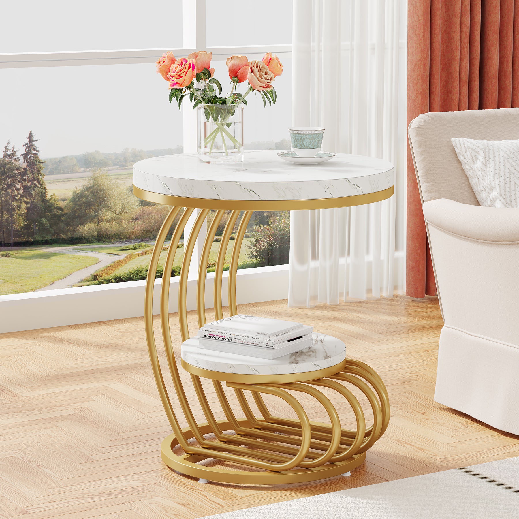 Round End Table with Storage Shelf - 2-Tier Faux Marble Side Table for Living Room, Bedroom & Office - Modern Accent Table with Sturdy Metal Frame for Home Decor