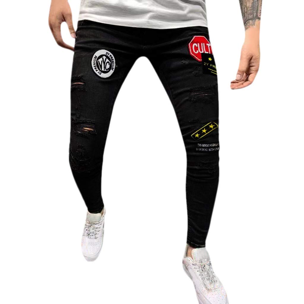 Pomobie Men's Distressed Denim Jeans - Long Straight Fit Casual Ripped Hole Pants for Men | Perfect for Everyday Wear, Street Style & Outings