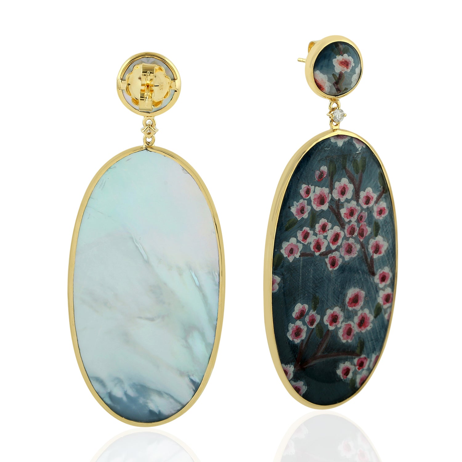 18K Yellow Gold Oval Cut Mother of Pearl Prong Set Diamond Flower Enamel Dangle Earrings for Women - Elegant Jewelry Gift for Wedding, Party & Special Occasions