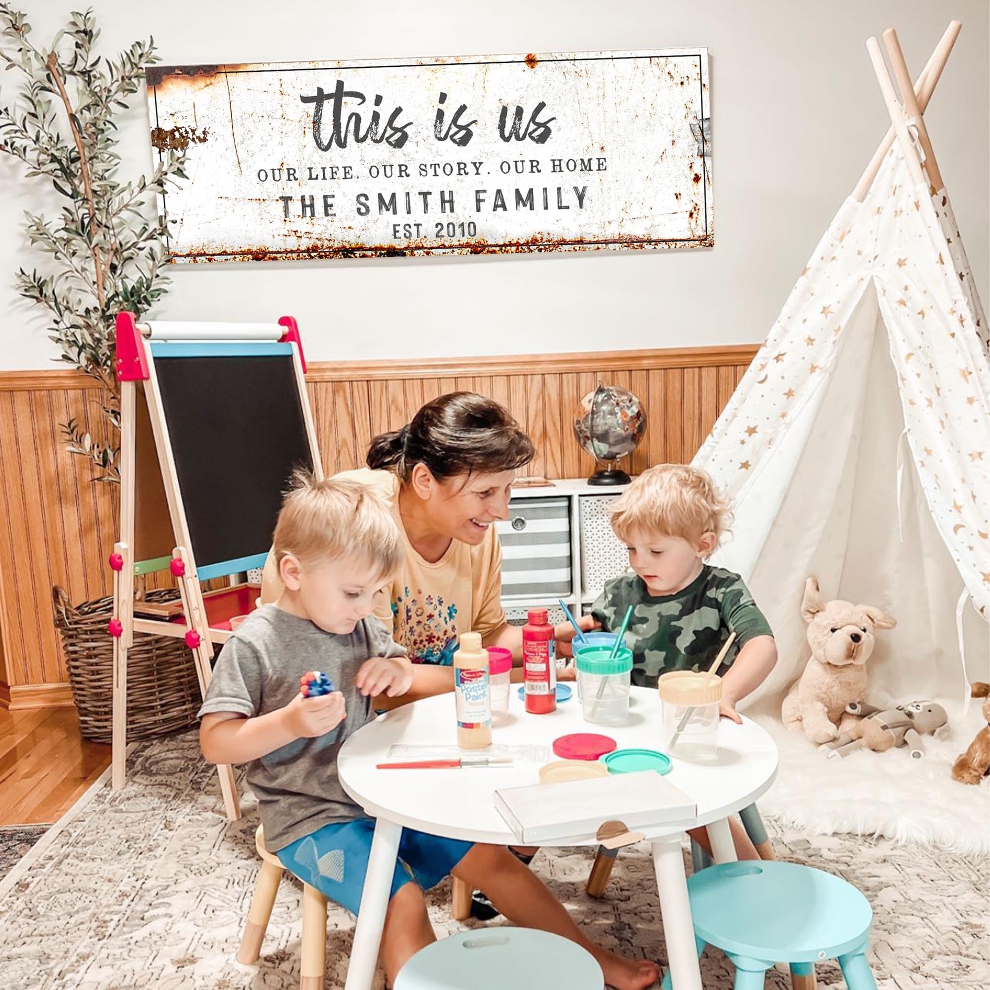Personalized 'This is Us' Family Name Sign - Custom Canvas Wall Art for Living Room, Fireplace & Home Decor | Rustic Black or White | Perfect for Housewarming Gifts & Family Photo Displays