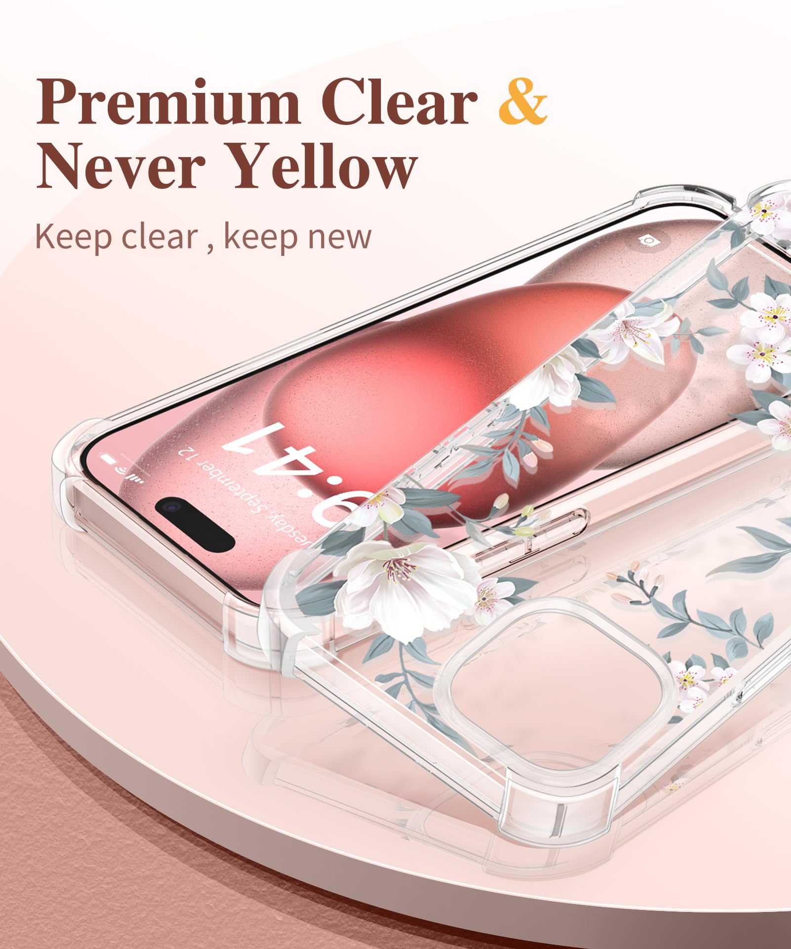 GVIEWIN iPhone 15 Case [3 in 1] with Tempered Glass Screen Protector & Camera Lens Cover - Shockproof Clear Slim Floral Phone Case for Women Girls (6.1 Inch, Magnolia White) - Perfect for Everyday Use, Travel & Gift Giving