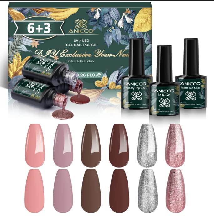 6 Pcs Gel Nail Polish Set - 6 Colors 7.5ML, UV LED Soak Off, Nude Pink Glitter Collection for Home & Salon Use