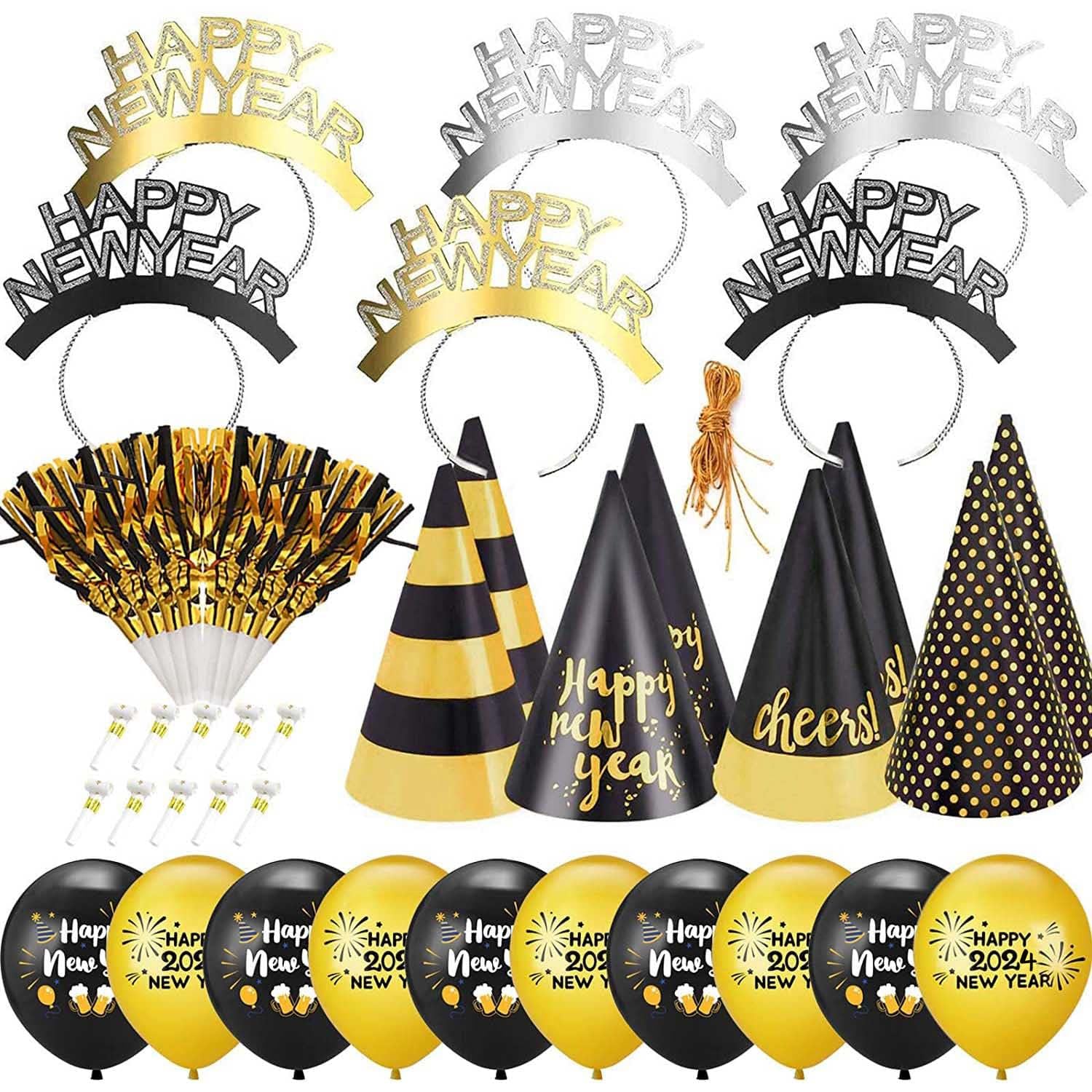 2024 New Year Party Decorations Kit - 42pcs Happy New Year Party Supplies with Headbands, Horns, Hats, Blowouts & Balloons for Kids & Adults - Perfect for New Year Eve Celebrations, Countdown Parties & Holiday Gatherings