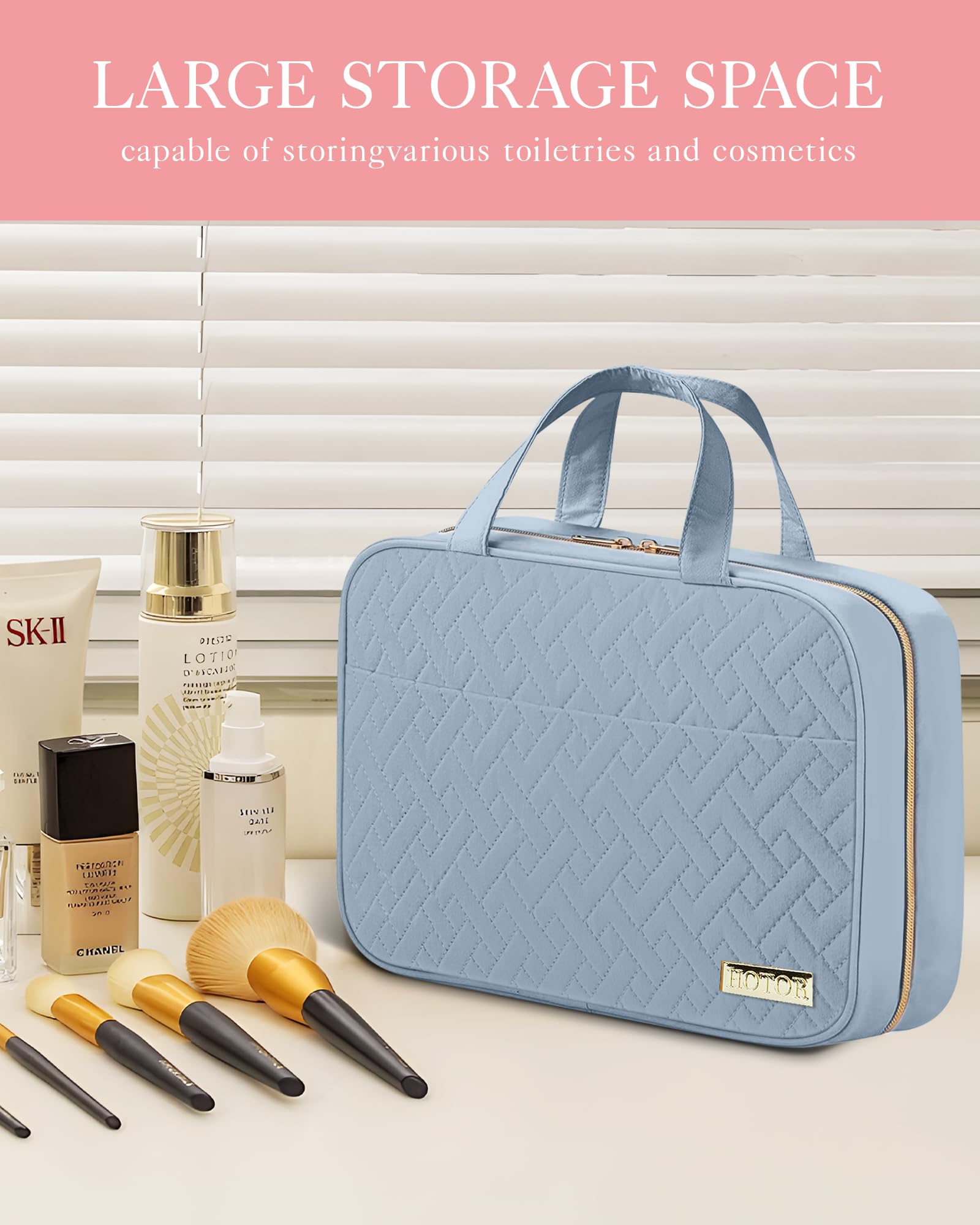 HOTOR Hanging Travel Toiletry Bag for Women & Men - Waterproof Makeup Organizer with Large Compartments - Perfect for Vacation, Camping & Business Trips - Light Blue Medium Cosmetic Bag (Ideal for Toiletries, Makeup & Travel Essentials)
