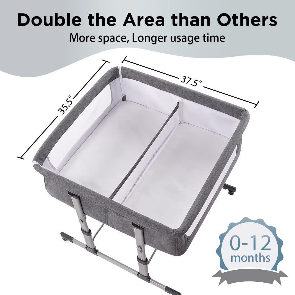 iHoming Double Bassinet for Twins - Adjustable Bedside Crib for 2 Babies, Safe Co-Sleeper with Breathable Mesh (Grey) | Perfect for Newborn Nursery & Parent Bedroom Convenience
