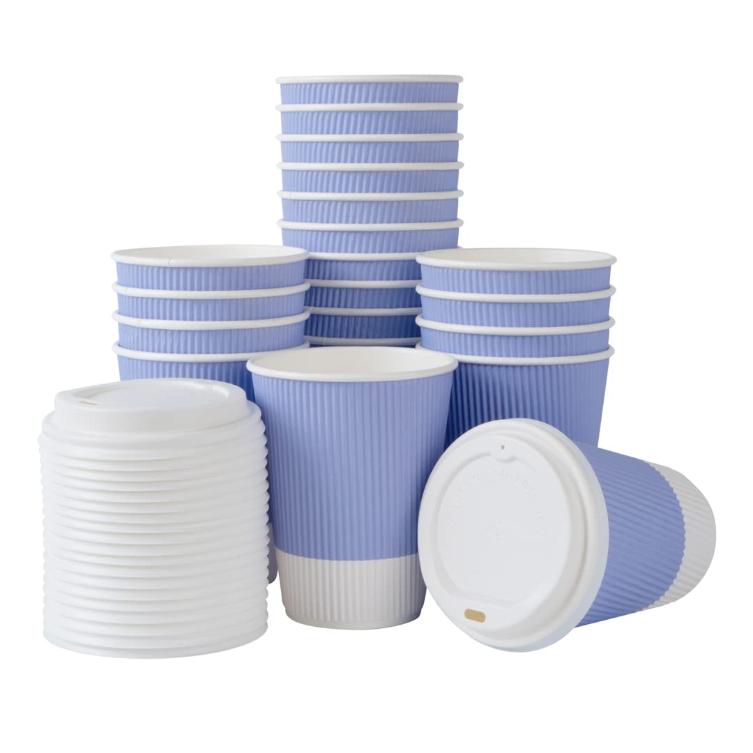 12oz Insulated Coffee Cups with Lids - 200 Pack Leakproof Ripple Wall Hot Cups | Disposable Paper Cups for Tea, Hot Chocolate & Lattes | Durable, Non-Slip Light Purple Design | Perfect for Coffee Shops, Offices & Catering Events