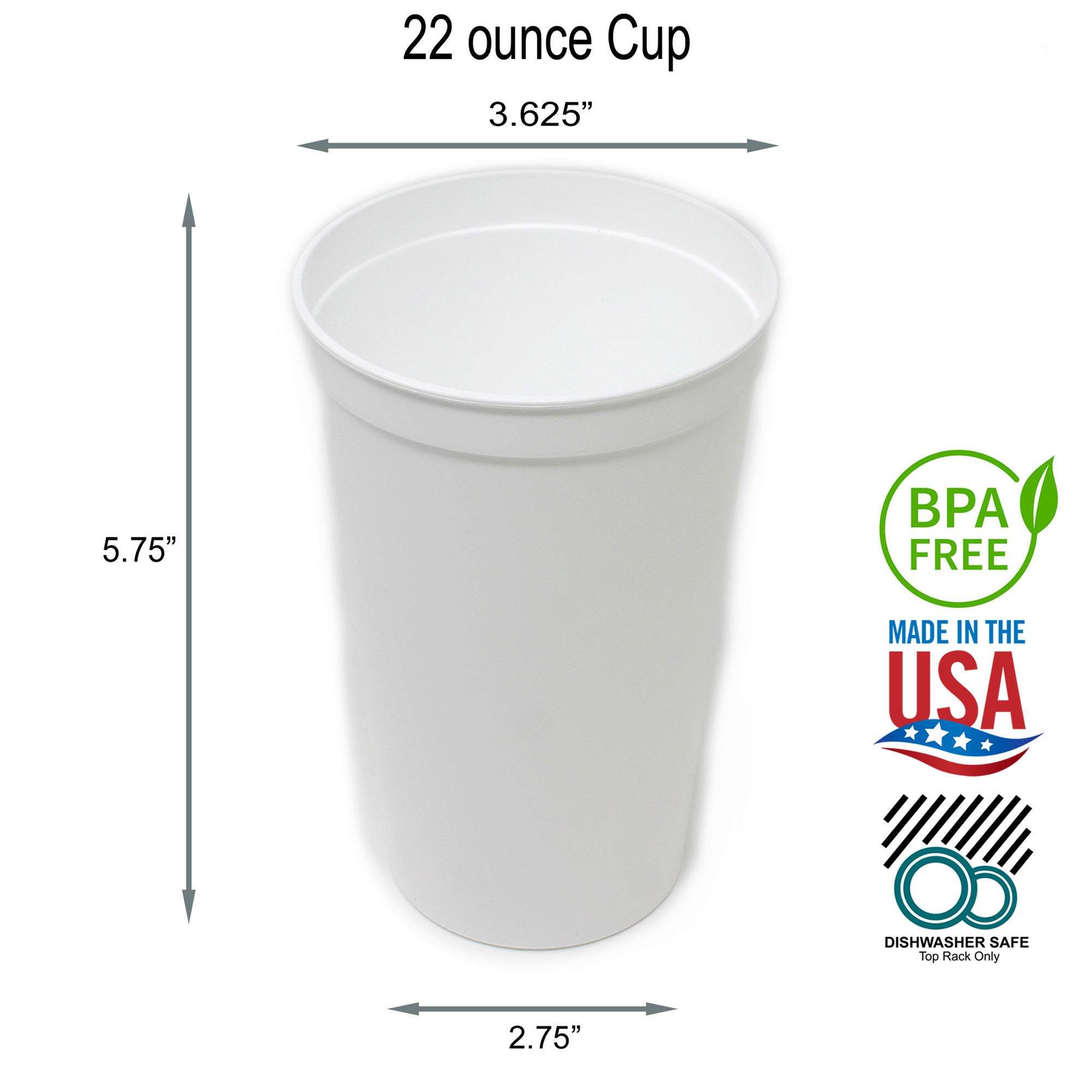 Rolling Sands 22oz Reusable Plastic Stadium Cups - 8 Pack White BPA-Free Dishwasher Safe Tumblers | Made in USA | Perfect for Parties, BBQs, Sports Events & Outdoor Gatherings