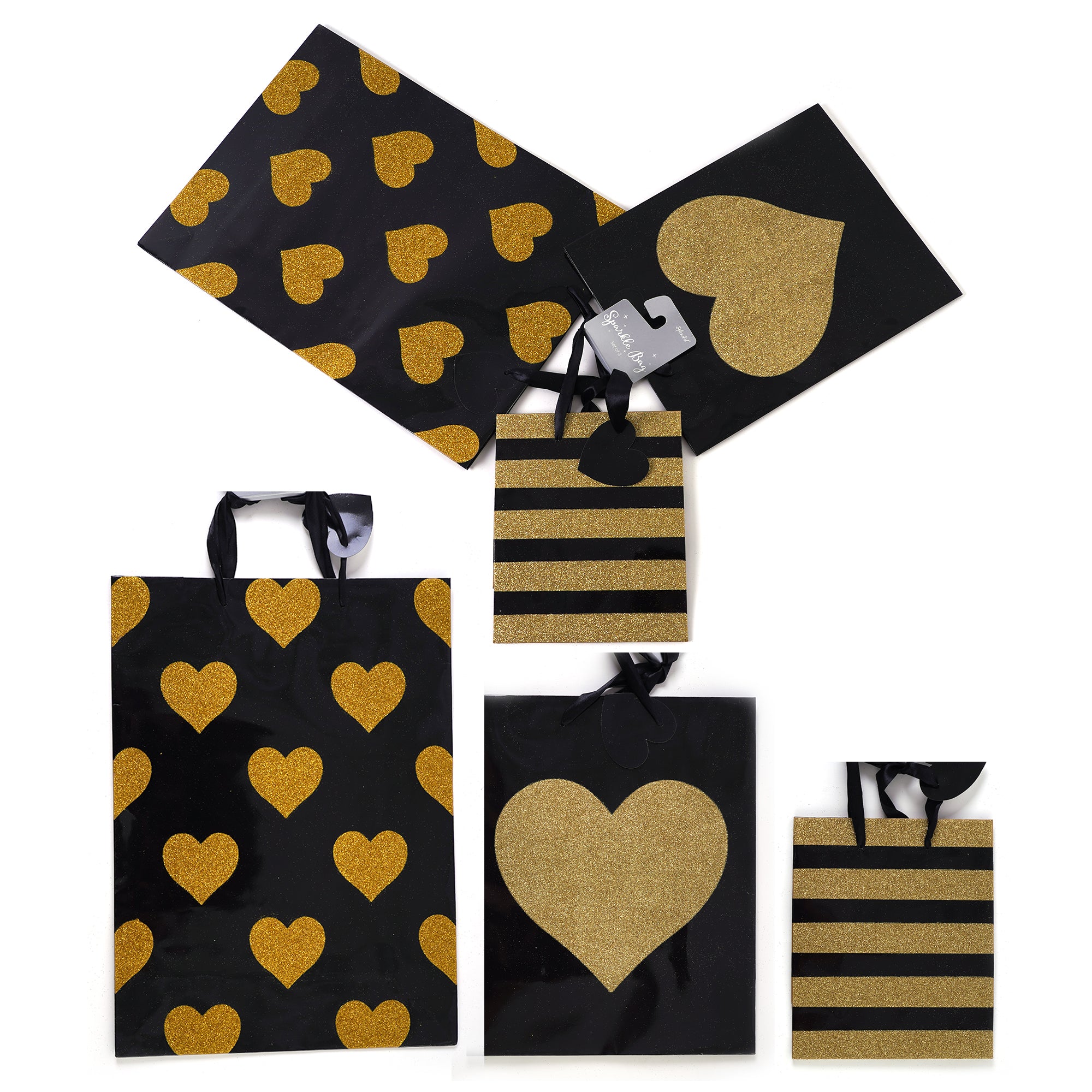3-Pack Glossy Black & Gold Stripe Heart Gift Bags - Multi Size (M/L/E) with Glitter Accents - Perfect for Birthday Parties, Wedding Favors & Holiday Gift Giving