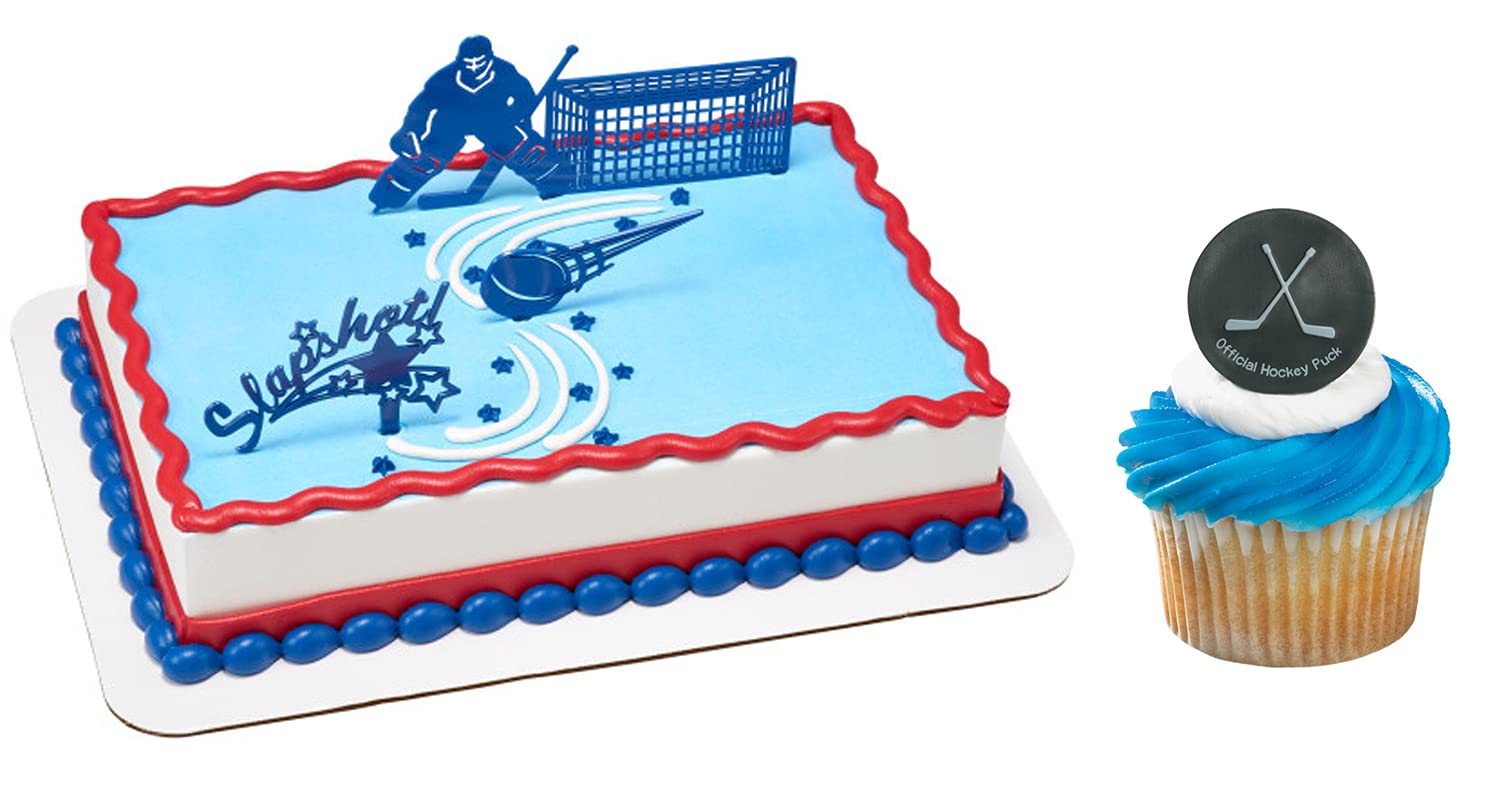 Hockey Goal Cake Topper Set with 12 Puck Cupcake Rings - Perfect for Hockey Birthday Party Decorations & Sports Themed Desserts