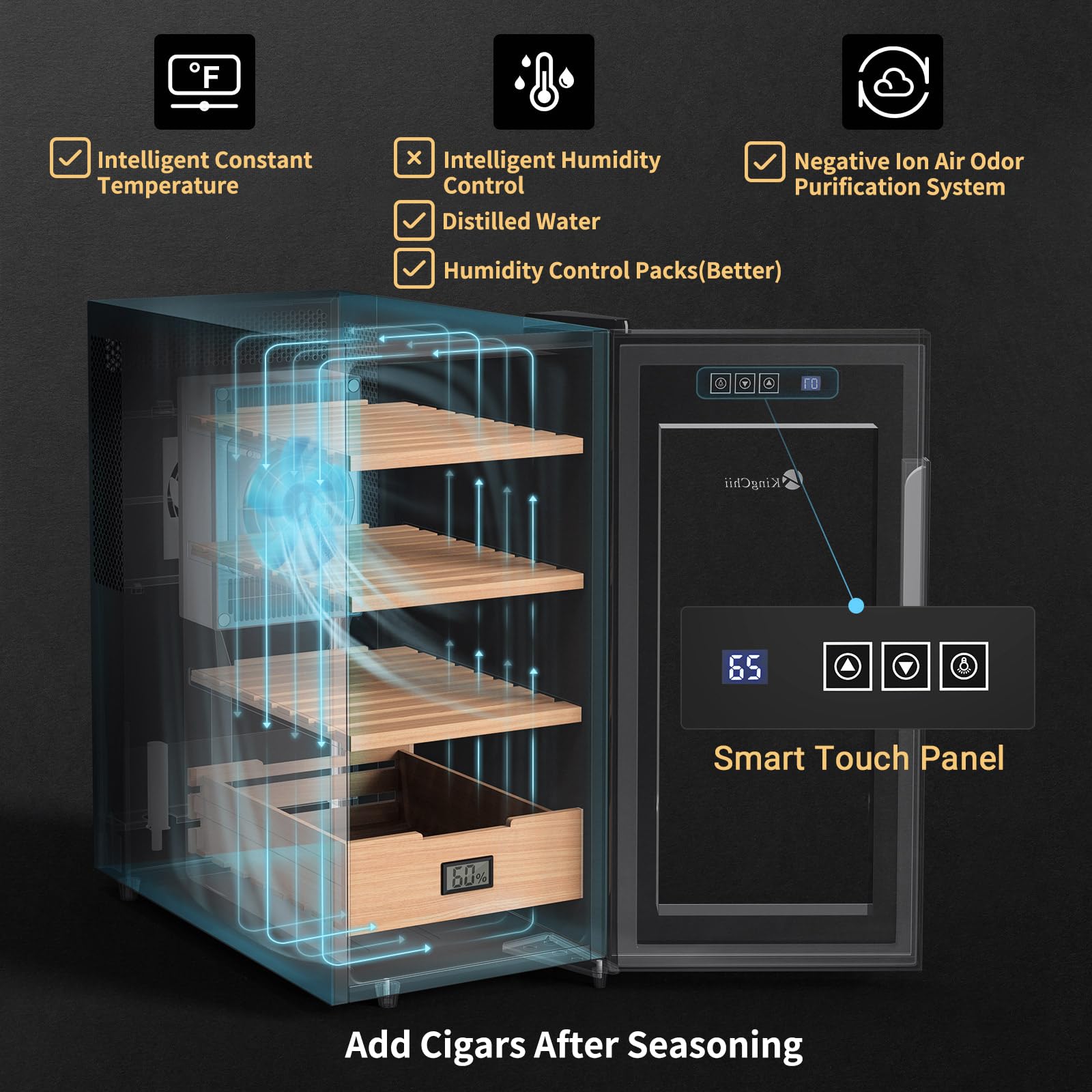 KingChii 26L Electric Cigar Humidor Cabinet with Temperature Control - Spanish Cedar Wood Shelves & Drawer - 200 Cigar Capacity - Hygrometer Included - Perfect Gift for Men - Ideal for Home, Office, or Cigar Lounge Storage