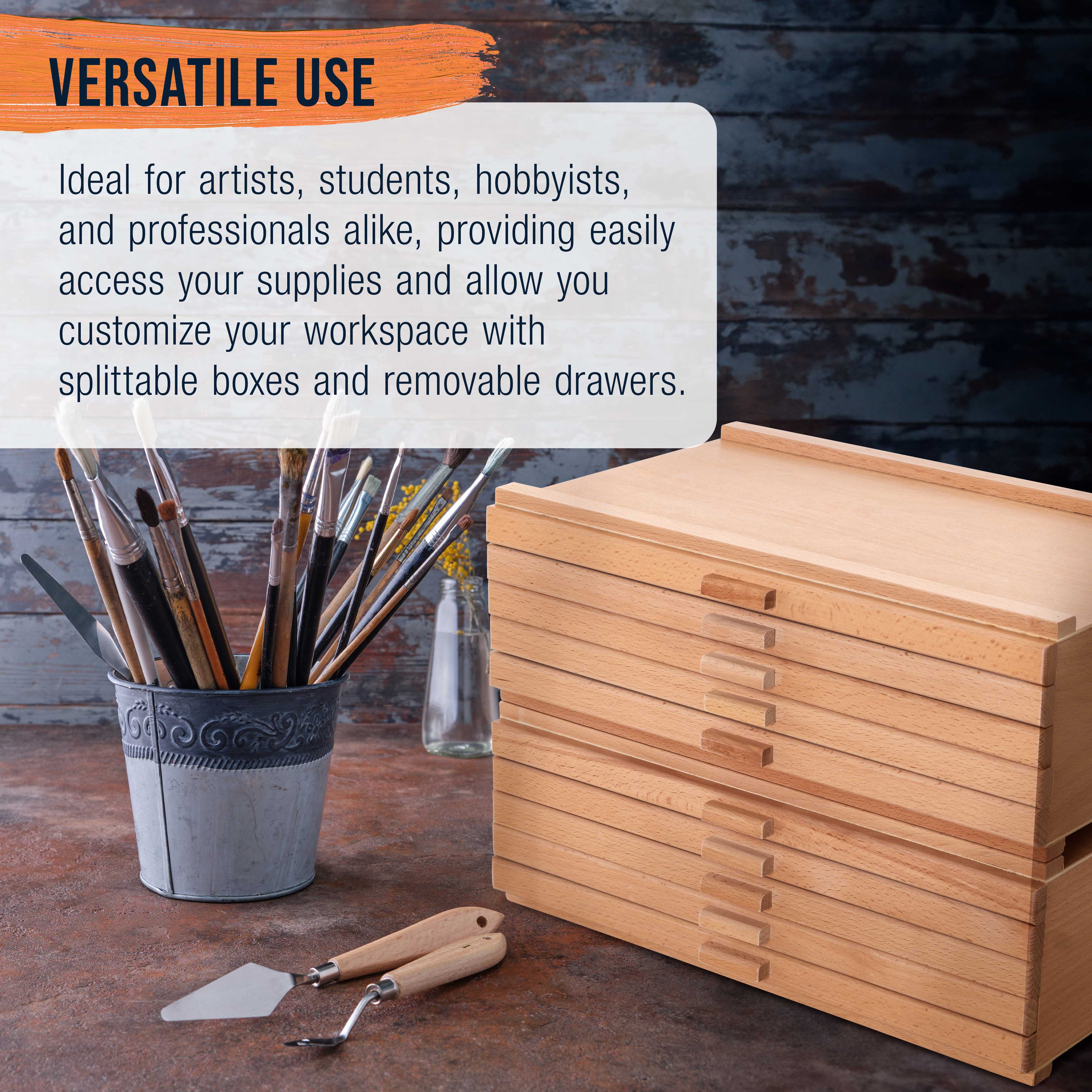 10-Drawer Stackable Wooden Art Supply Organizer - Elm Hardwood Storage Box for Pastels, Pens, Markers & Pencils - 5 Compartments per Drawer - Perfect for Artists, Students & Craft Rooms