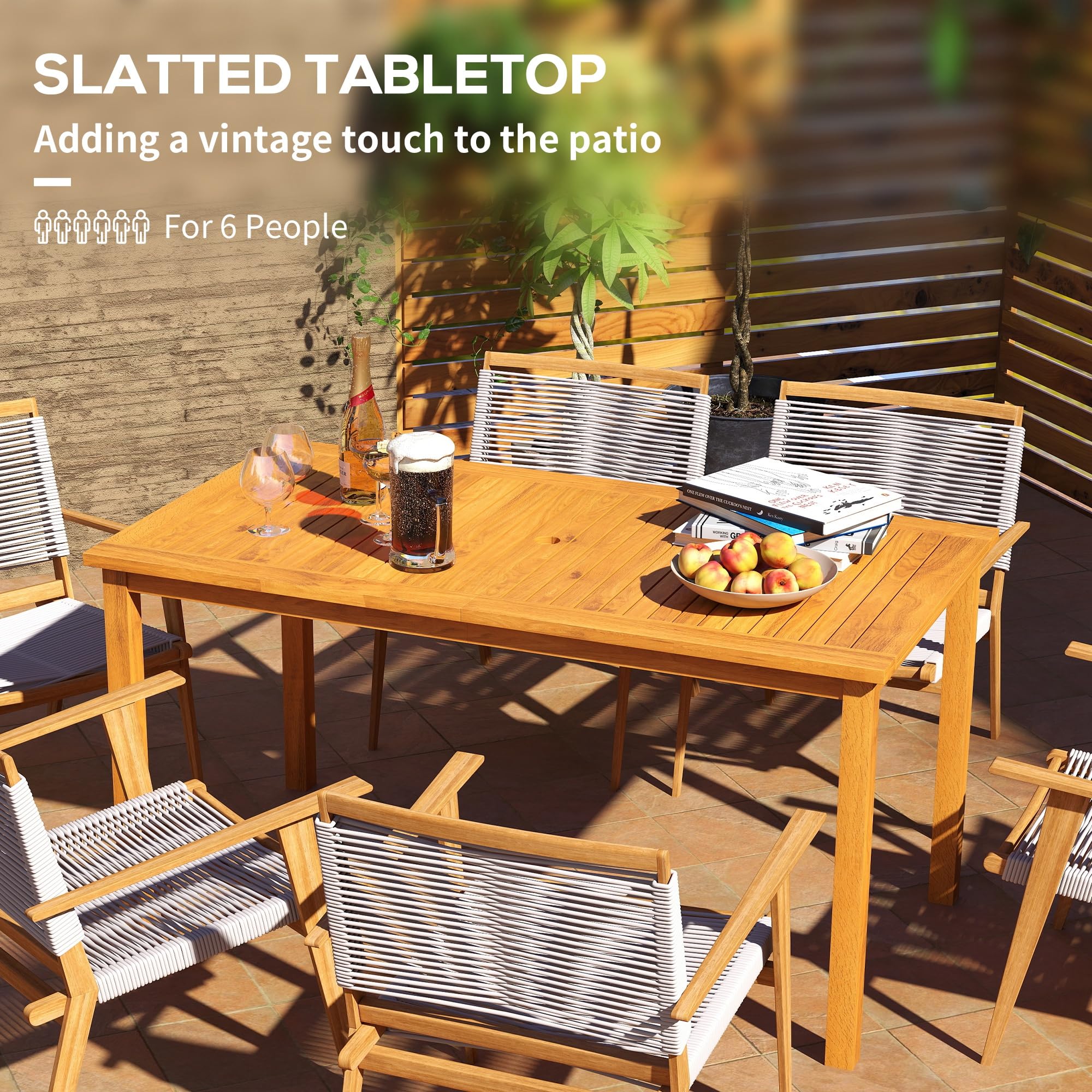 Outsunny 6-Person Rectangle Patio Dining Table with Umbrella Hole - Acacia Wood Outdoor Table for Garden, Backyard, Deck - Perfect for BBQs, Family Gatherings & Outdoor Entertaining