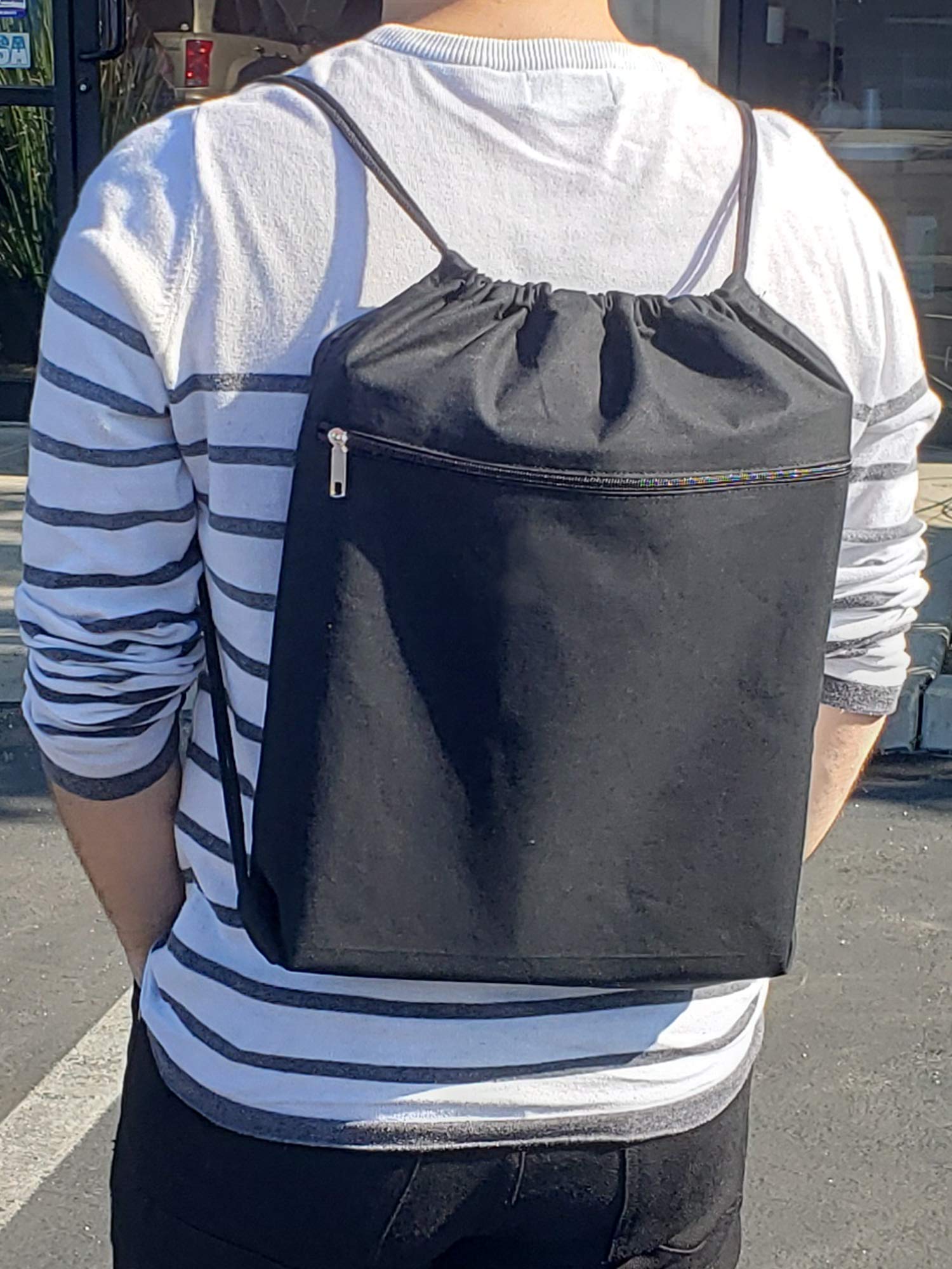 Premium Cotton Canvas Drawstring Backpack with Zippered Front Pocket - Lightweight Cinch Sack for Gym, Hiking, Travel & School - Unisex Sport Bag for Men, Women & Kids (Black, 3-Pack) - Perfect for Sports, Outdoor Activities & Daily Commute