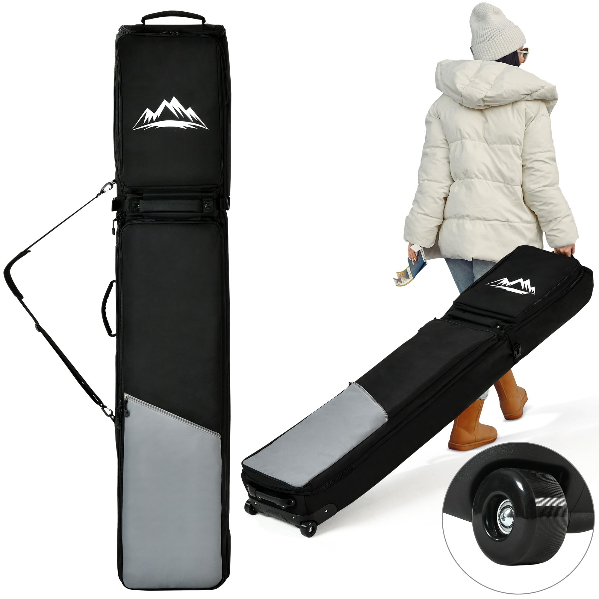 **Rolling Snowboard Bag with Wheels - 900D Padded Double Ski Bag for Air Travel (175-195CM Extendable) - Waterproof Ski & Snowboard Gear Carrier for Skis, Boots, Helmet & Accessories - Perfect for Winter Sports & Airplane Travel**