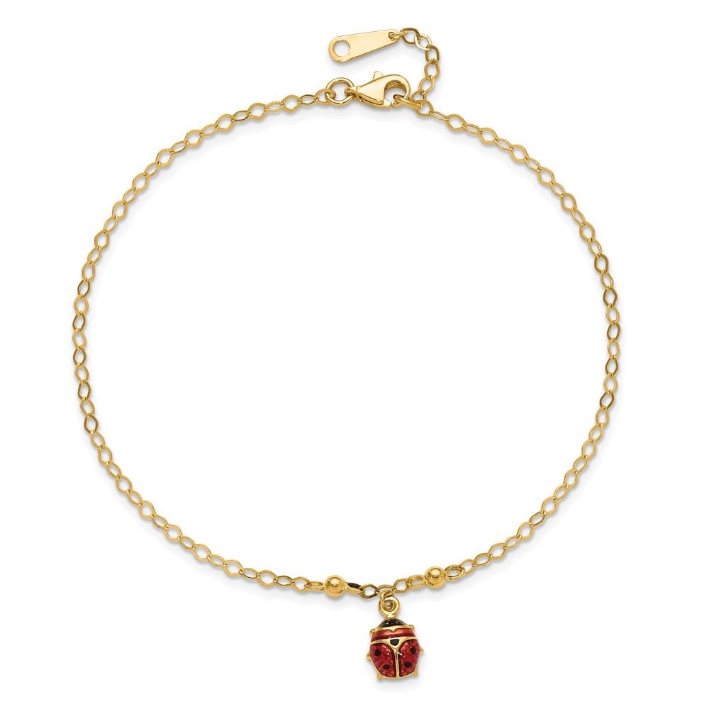 14K Yellow Gold Adjustable Ladybug Enamel Anklet - 10 Inch Cute Charm Ankle Bracelet for Women & Girls - Perfect for Summer, Beach, and Everyday Wear