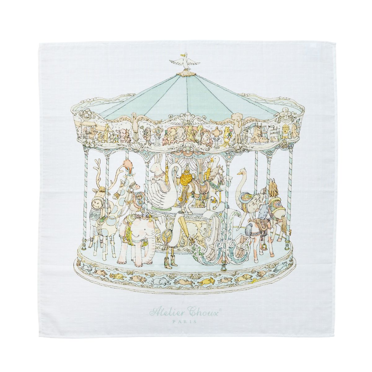 Atelier Choux Carré Organic Cotton Baby Blanket - Green Carousel Print | Soft Nursery Swaddle for Newborns & Infants | Perfect for Crib, Stroller, and Photo Shoots