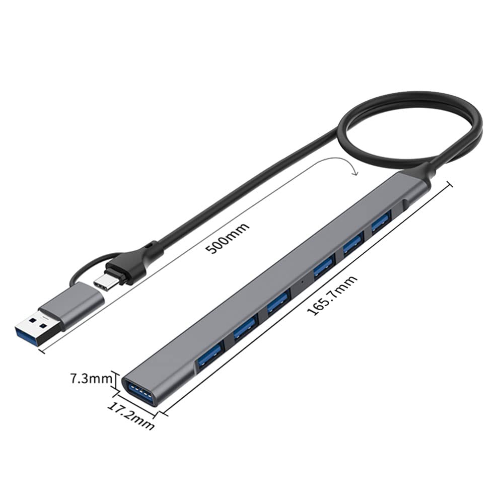 Kliplinc 7-Port USB Hub - Slim 2-in-1 Design (USB-C & USB 3.0) with 6 USB 2.0 Ports & 1 USB 3.0 Port - 5Gbps High-Speed Data Transfer - Perfect for Laptop, PC, MacBook, Gaming & Office Setup