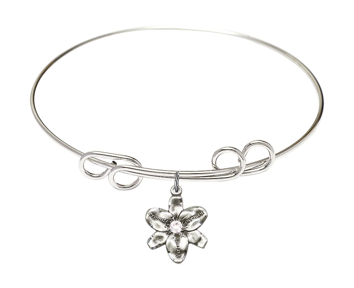 8 Inch Round Double Loop Bangle Bracelet with Chastity Medal Charm & April Birthstone Crystal - Elegant Jewelry for Women, Perfect for Weddings, Anniversaries & Everyday Wear