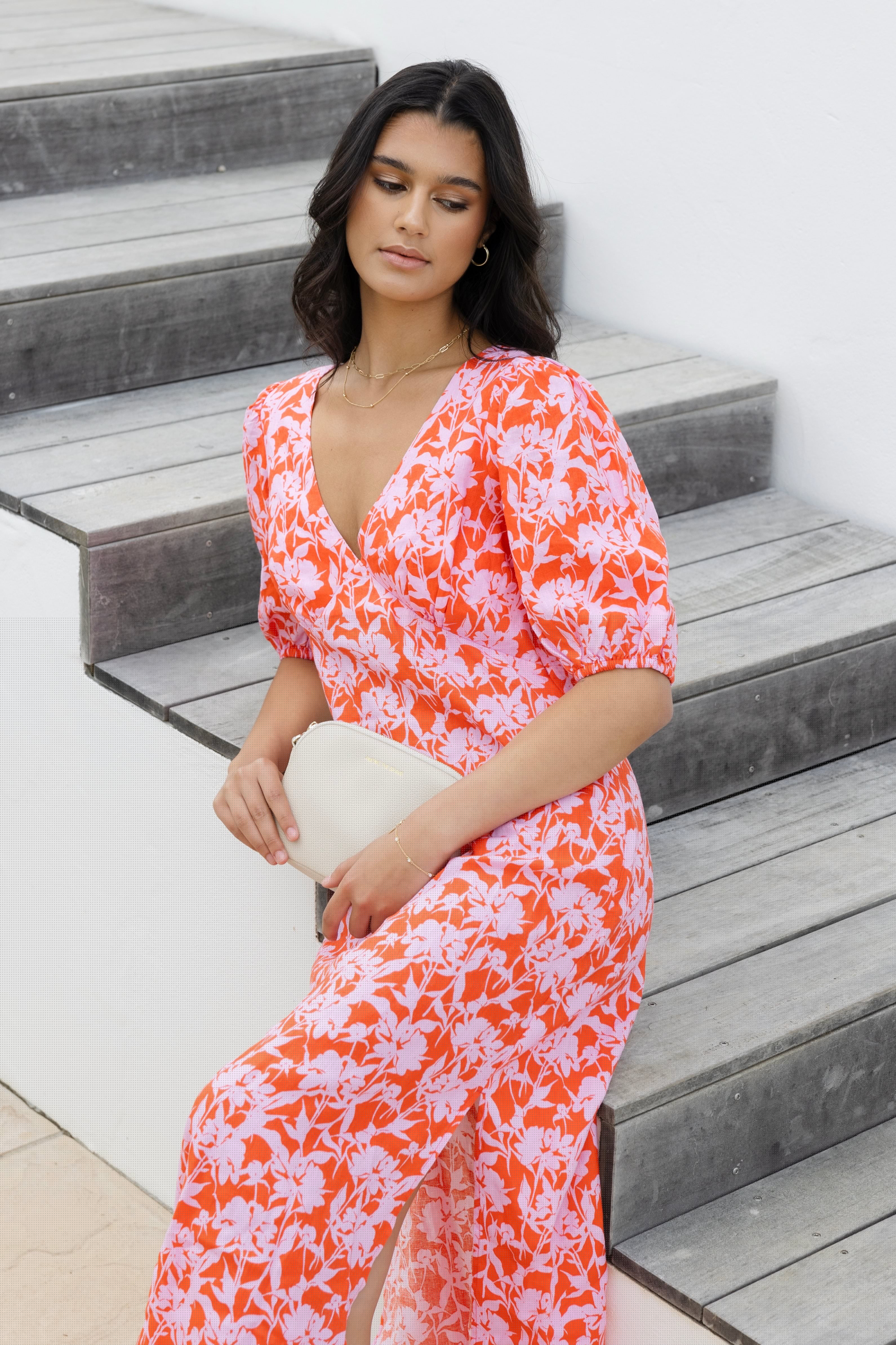 Amora Pink Floral Print Summer Sleeveless Bias Cut Midi Dress - Perfect for Beach Vacations, Garden Parties & Date Nights