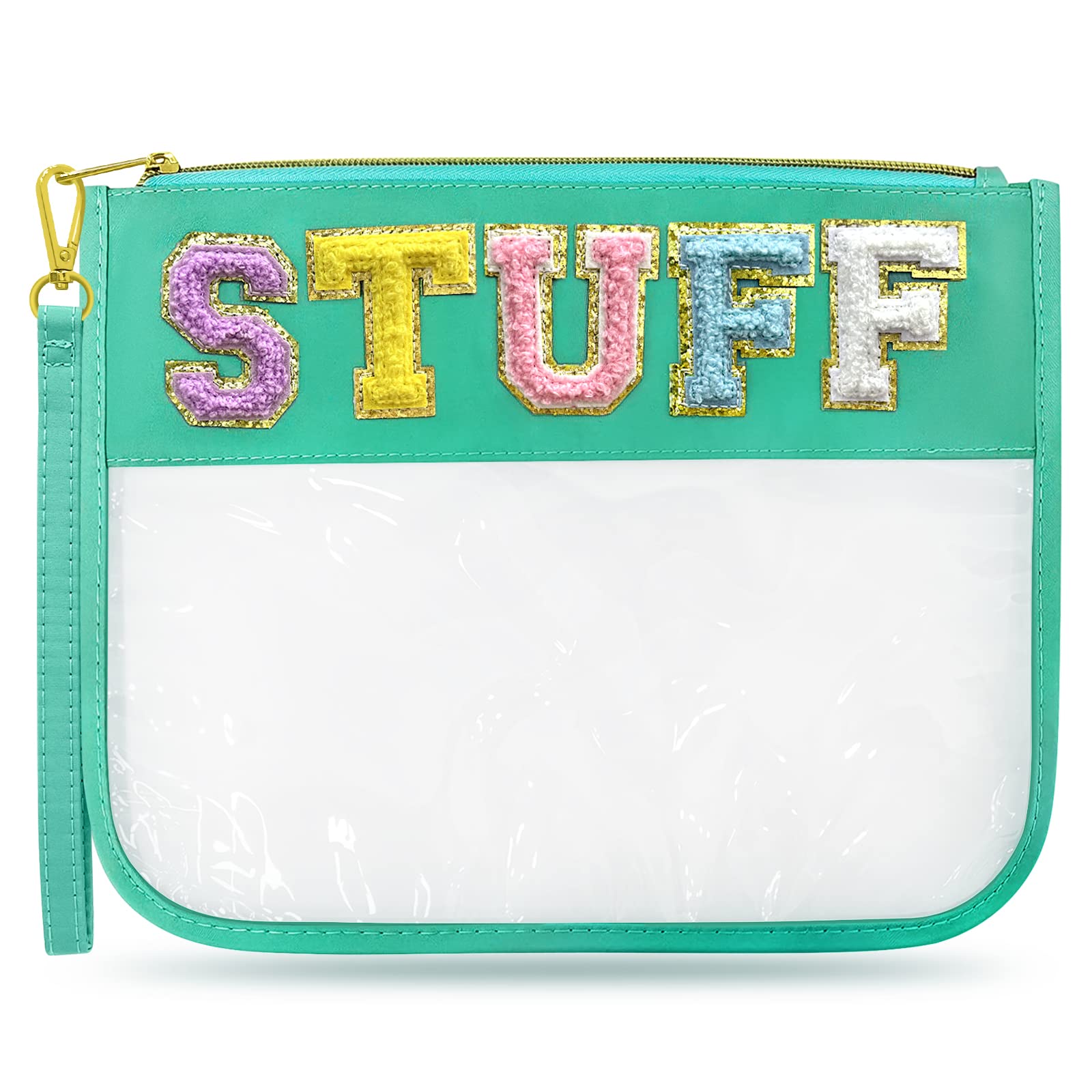 LSxia Chenille Letter Clear Travel Zipper Pouch - Waterproof Nylon Makeup Bag for Women & Girls | Preppy Cosmetic & Toiletry Organizer | Perfect for Travel, Gym, School & Daily Use (Green-Stuff)