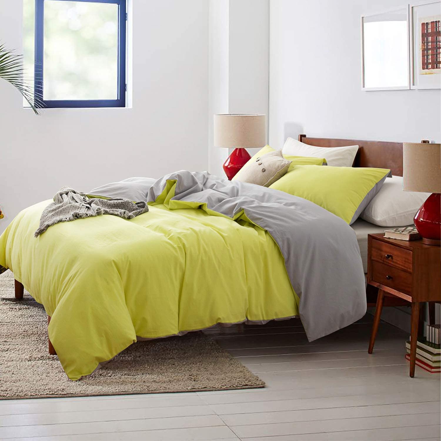 Premium 1200-Thread-Count 100% Egyptian Cotton Reversible Duvet Cover Set - Yellow & Silver Grey - California King Size (94