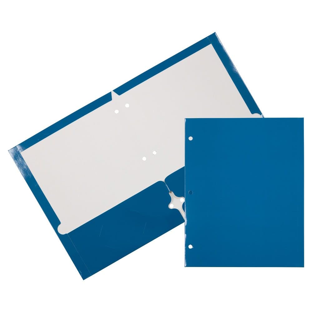 JAM PAPER Laminated Two-Pocket Glossy 3-Hole Punch School Folders - Letter Size 8.5x11 Inch - High Gloss Blue - Bulk 50/Box for Classroom Organization, Office Filing & Student Supplies