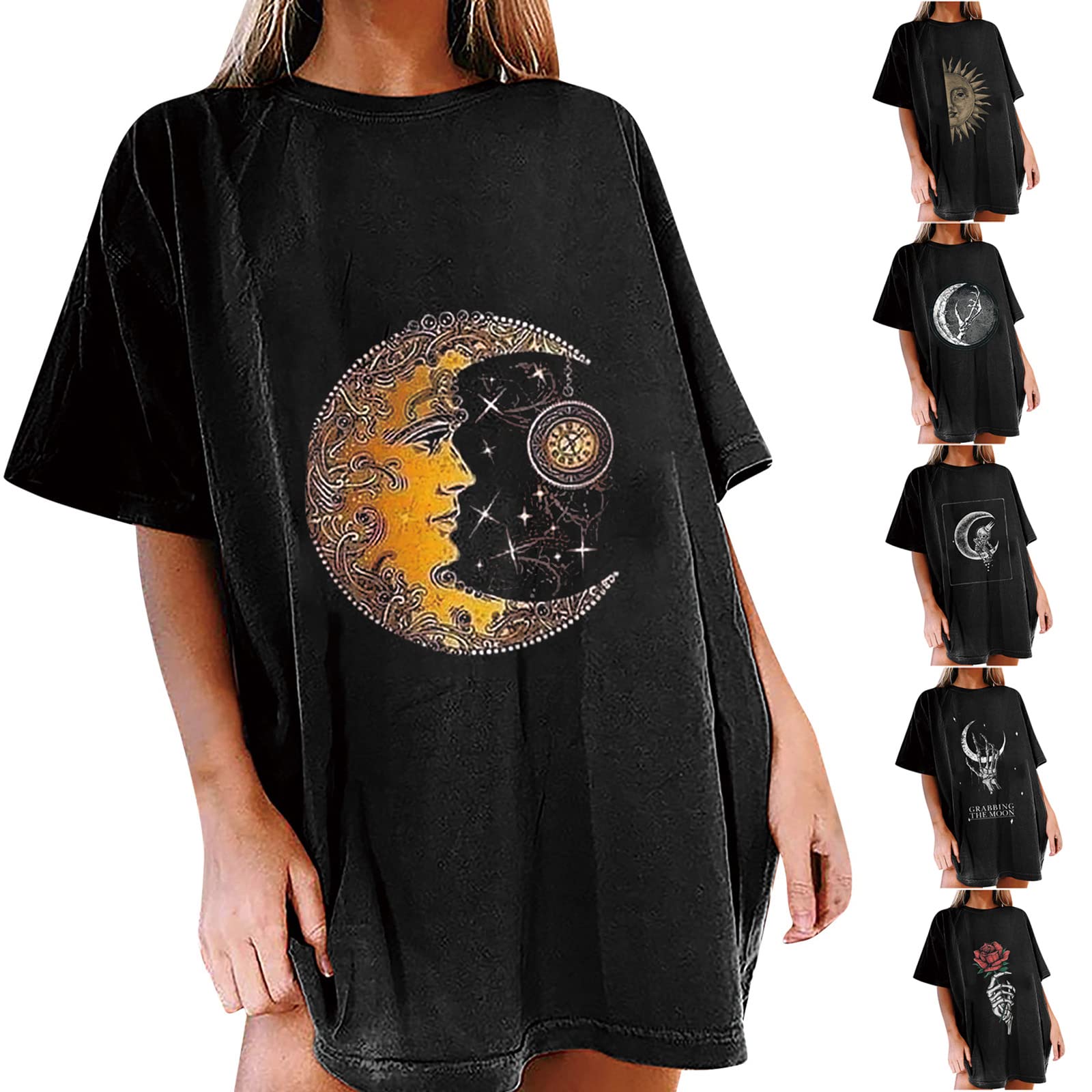Vintage Sun and Moon Graphic Tee - Women's Casual Oversized Short Sleeve T-Shirt with Skull Design | Loose Crewneck Top for Streetwear, Music Festivals & Everyday Wear