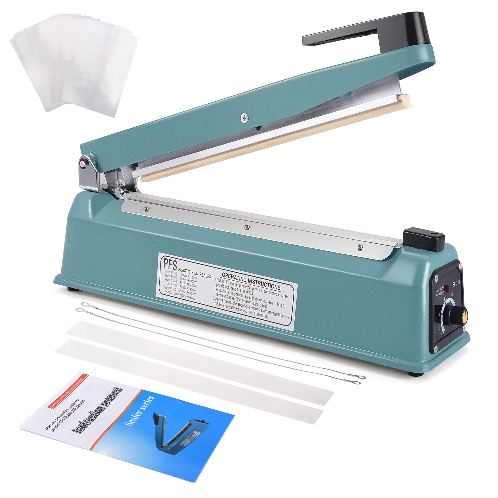 Suteck 12 Inch Impulse Bag Sealer - Manual Poly Bag Sealing Machine with Adjustable Timer | Electric Heat Sealer for Packaging | Includes 50Pcs 4x6 Inch Shrink Wrap Bags & 2 Free Replacement Kits | Perfect for Food, Retail, and Shipping Packaging