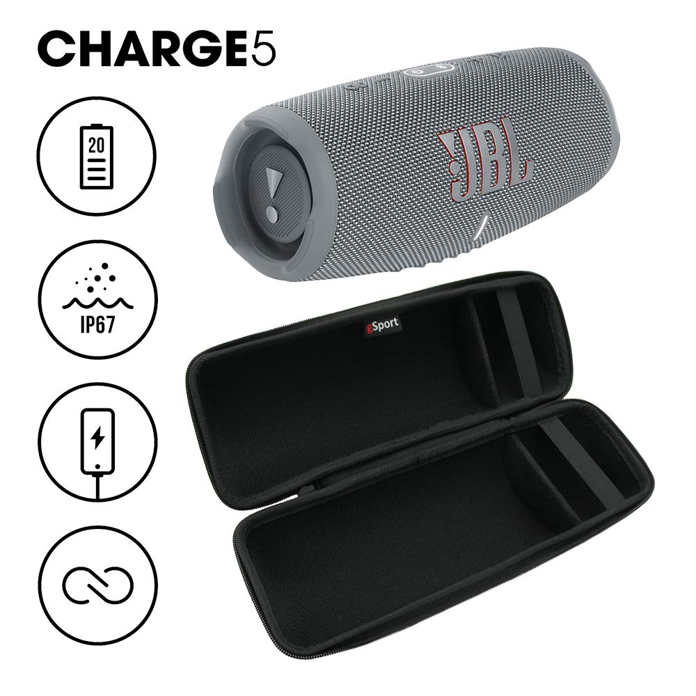 JBL Charge 5 Waterproof Bluetooth Speaker with Built-in Power Bank - Portable Wireless Speaker for Outdoor, Beach, Pool Party & Travel - Includes gSport Carbon Fiber Case (Gray)