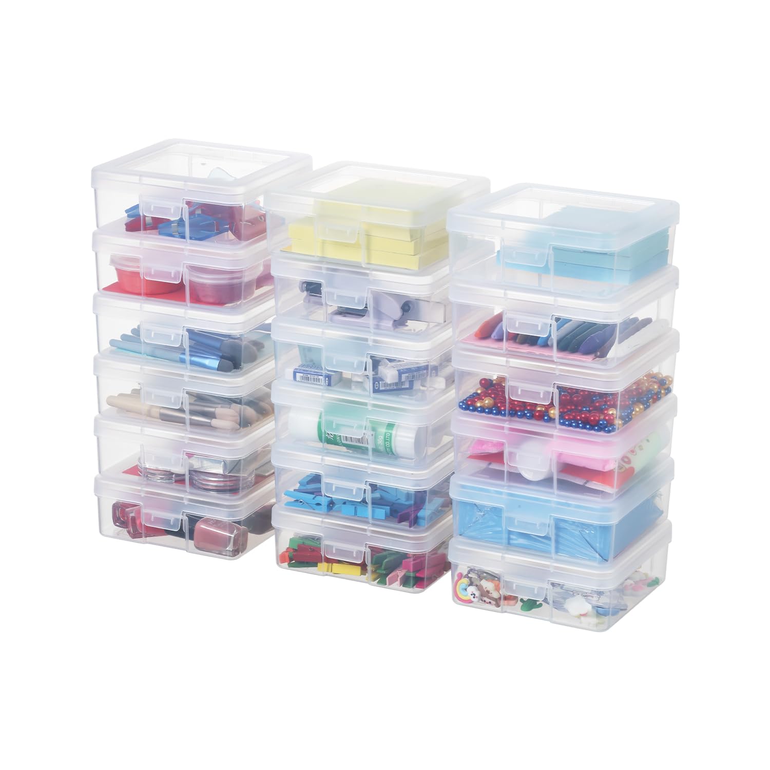 Stackable Plastic Clear Storage Box Containers with Latching Lid - 18 Pack Small Clear Organizer for Art Crafts, Pencils, Legos, Crayons, Beads & Jewelry - Perfect for Home, Office & Classroom Organization