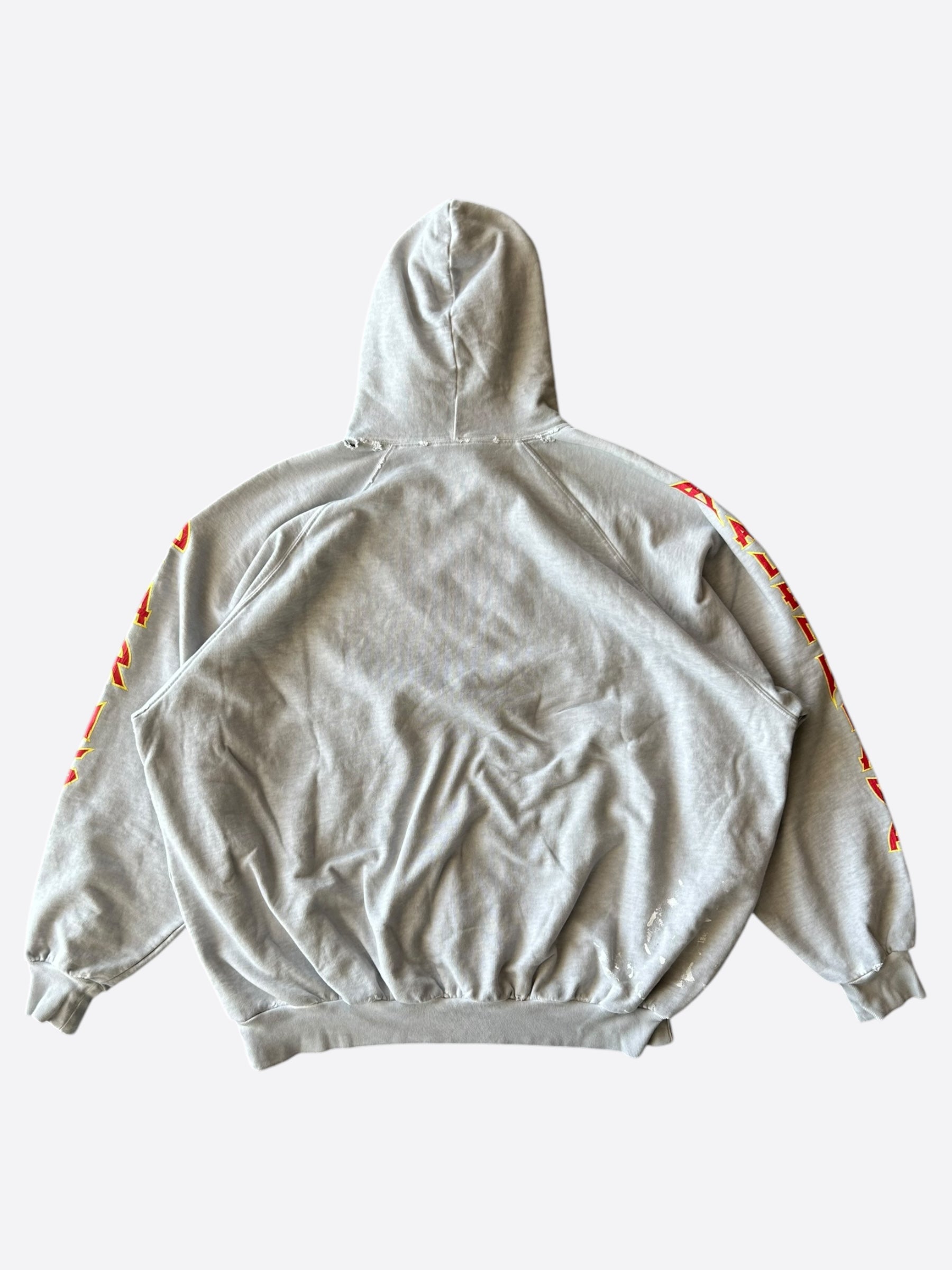 Balenciaga Grey & Red Metal Logo Distressed Hoodie - Stylish Streetwear for Men & Women | Perfect for Casual Outfits, Urban Fashion & Winter Layering