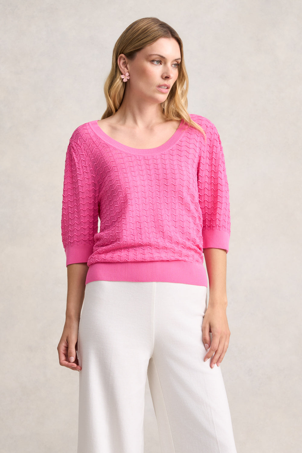 Stylish Short Sleeve Textured Knit Top in Vivid Pink - Perfect for Casual Outings, Summer Wear & Layering