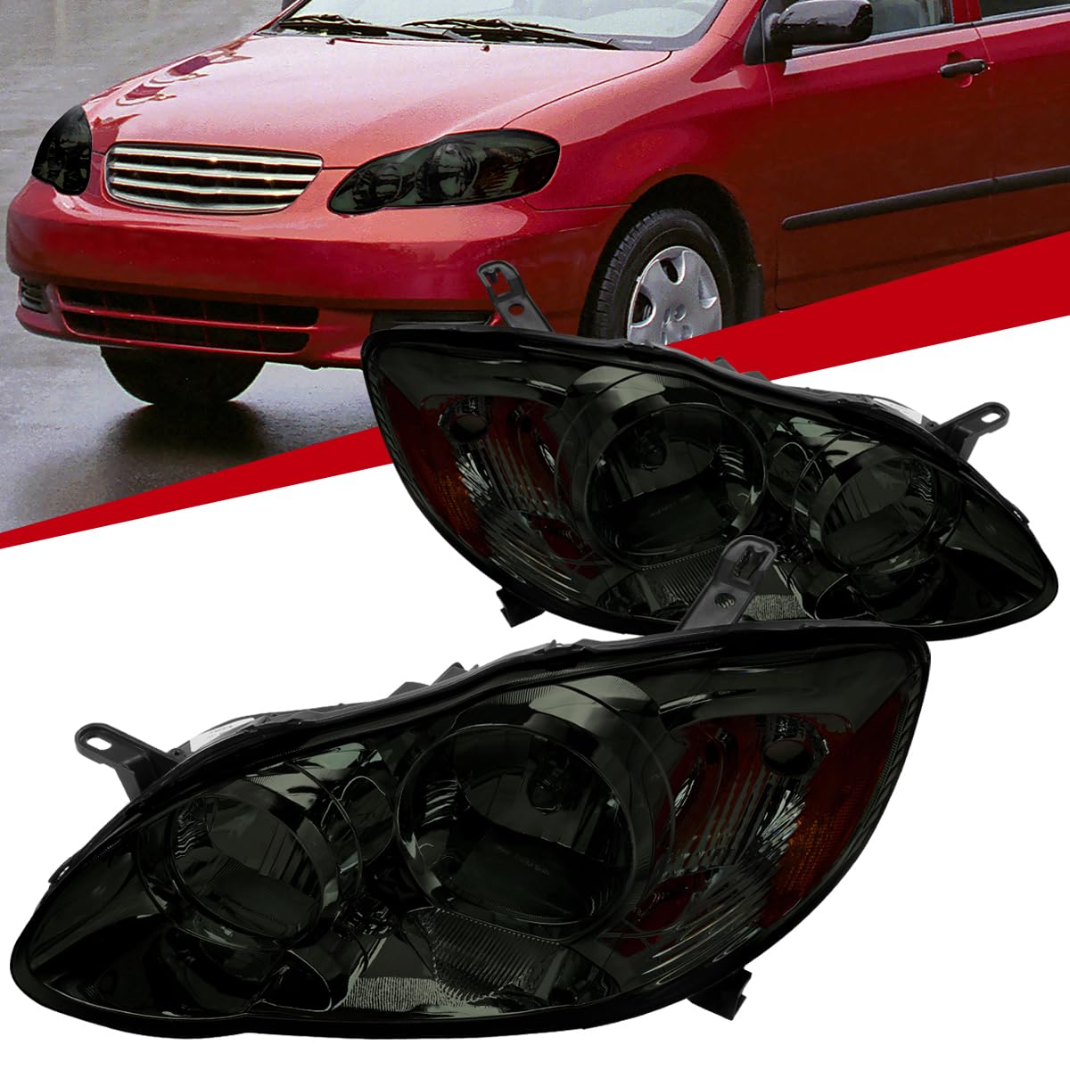 03-08 Toyota Corolla Sedan Smoke Lens Headlights + Amber Corner Signal Lamps Pair - Replacement for Dim/Broken Lights, Night Driving Safety Upgrade