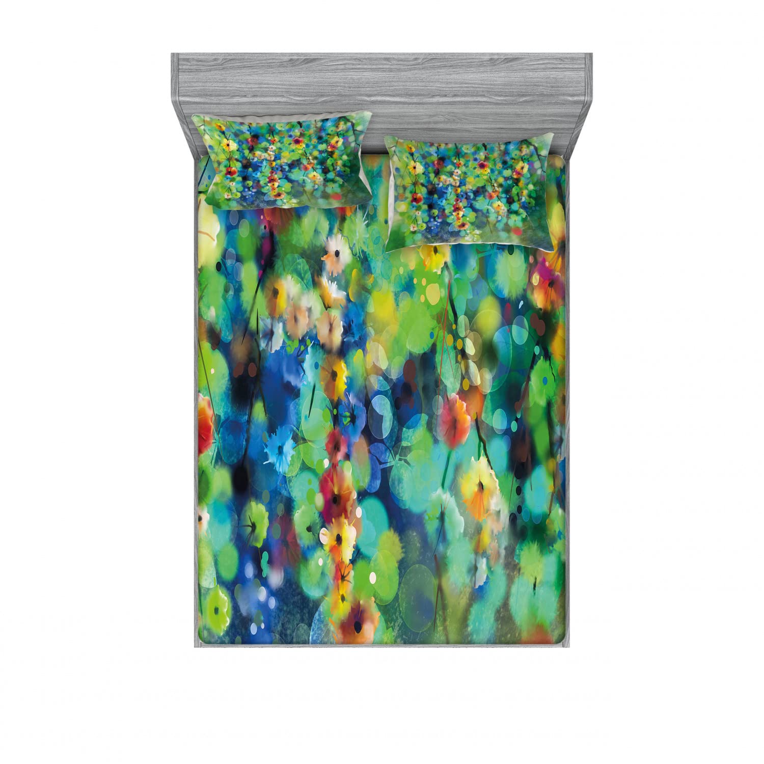 Ambesonne Floral King Size 2-Pack Fitted Sheet & Pillow Sham Set - 4 Piece Bedding Set with Colorful Tree Flower Pattern in Green & Blue - Perfect for Master Bedroom, Guest Room & Vacation Home Decor