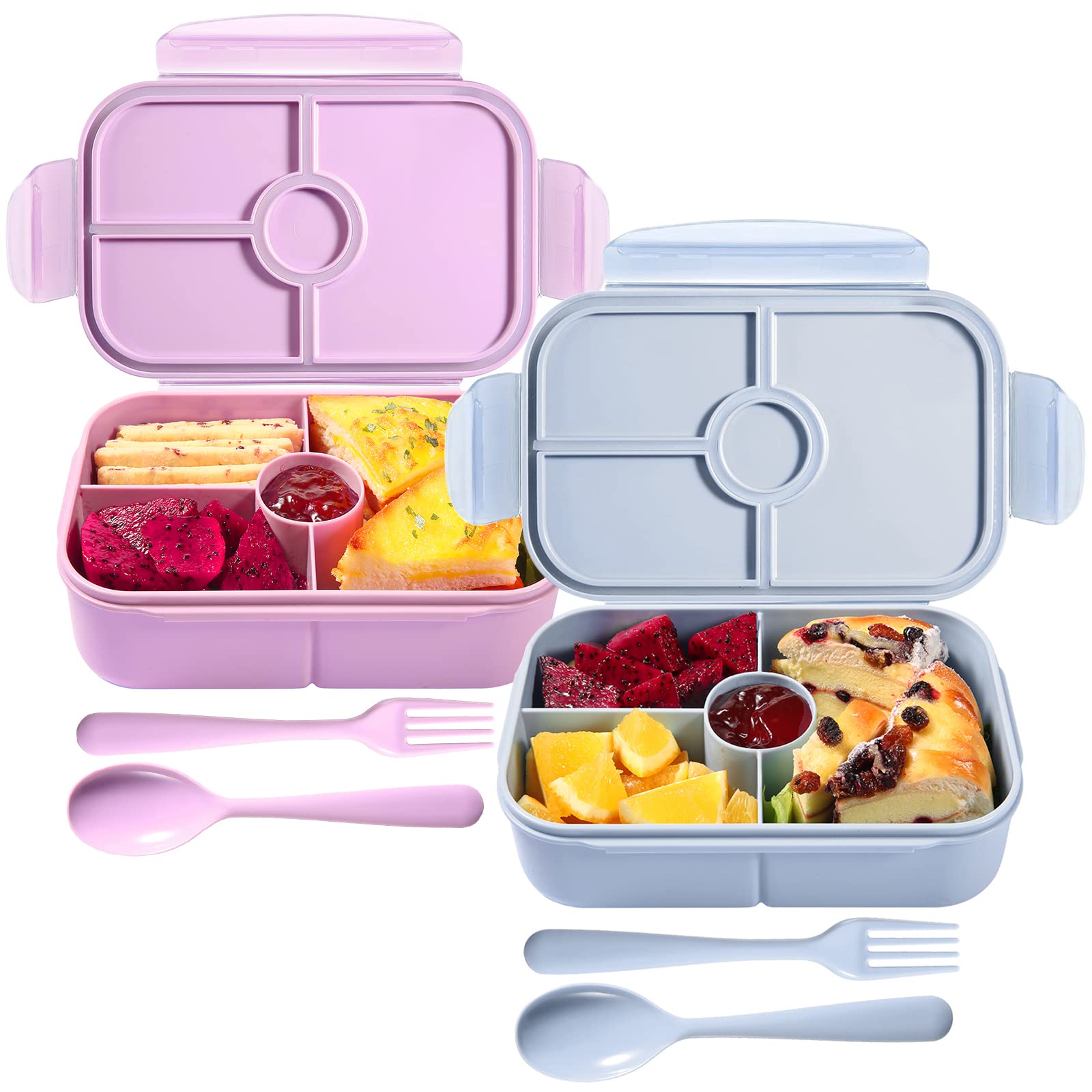 Kids Bento Box with 4 Compartments - Microwave Safe Lunch Container for School, Travel & Picnics | Includes Flatware Set (Light Blue + Light Purple) | Perfect for Healthy Meals & Snacks On-The-Go
