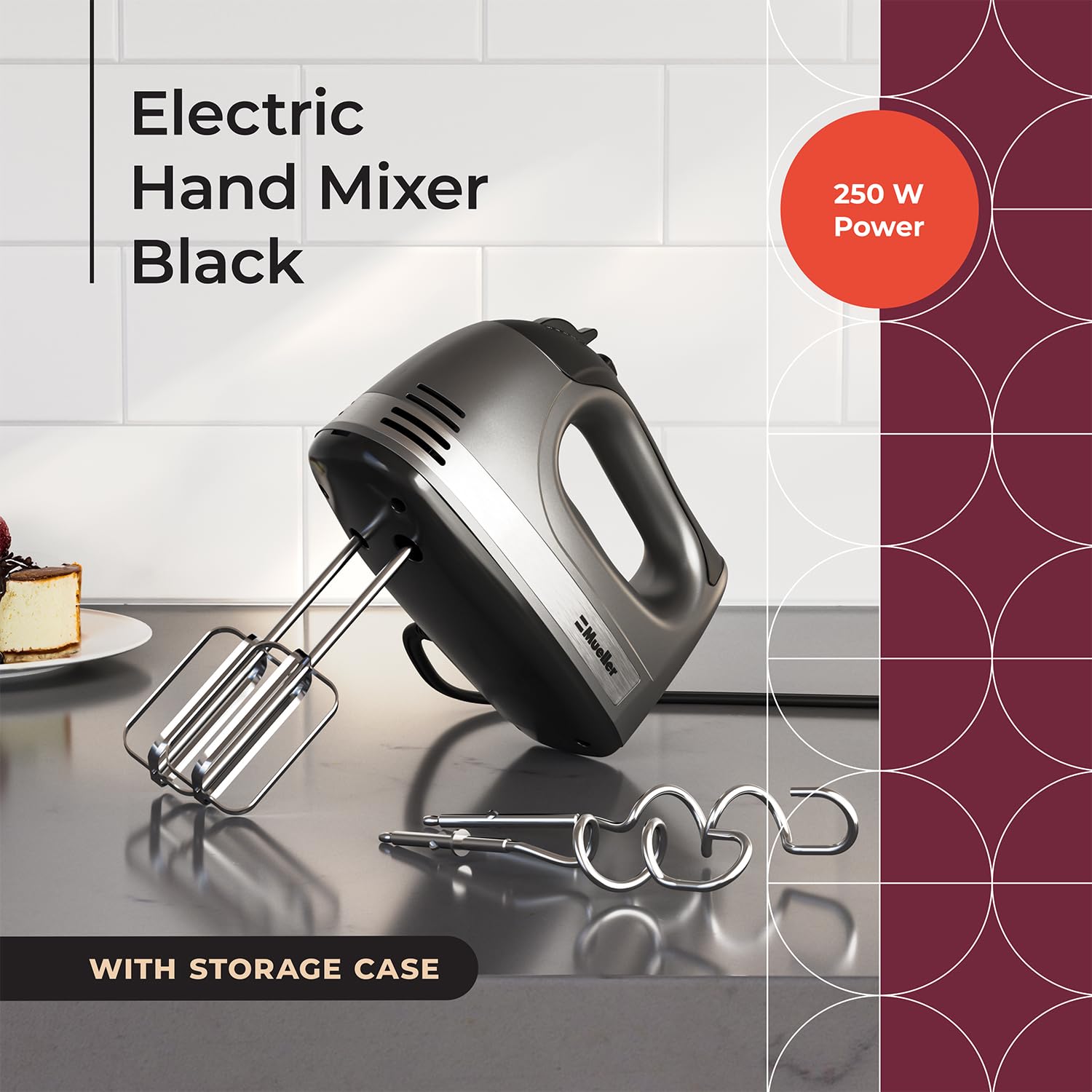 Mueller Electric Hand Mixer - 5 Speed 250W Turbo with Snap-On Storage Case & 4 Stainless Steel Attachments | Perfect for Whipping Cream, Mixing Cookies, Brownies, Cakes & Dough | Ideal for Home Baking, Holiday Cooking & Professional Kitchen Use