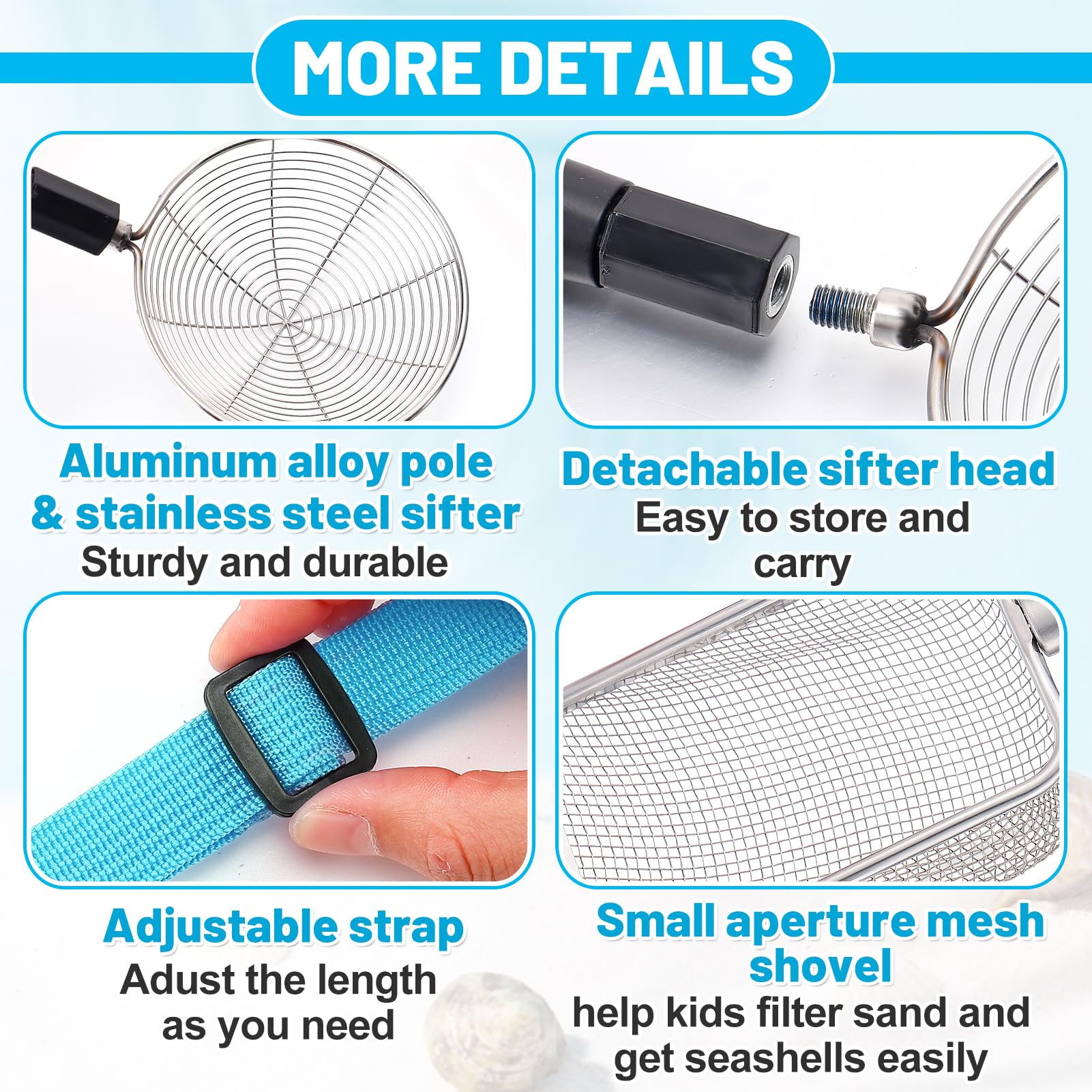 2 Pack Shark Tooth Sifter with Seashell Bags - Adjustable 21.8in to 34in Sand Sifter & Beach Shovel - Fun Beach Sand Toys for Kids & Adults - Perfect for Shell Hunting, Beachcombing & Outdoor Adventures