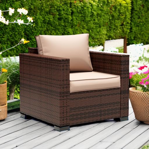 **UDPATIO All-Weather Wicker Single Sofa - Outdoor Rattan Sectional Couch with Non-Slip Cushion, Deep Seating & High Back - Khaki - Perfect for Patio, Garden, Poolside & Backyard Relaxation**
