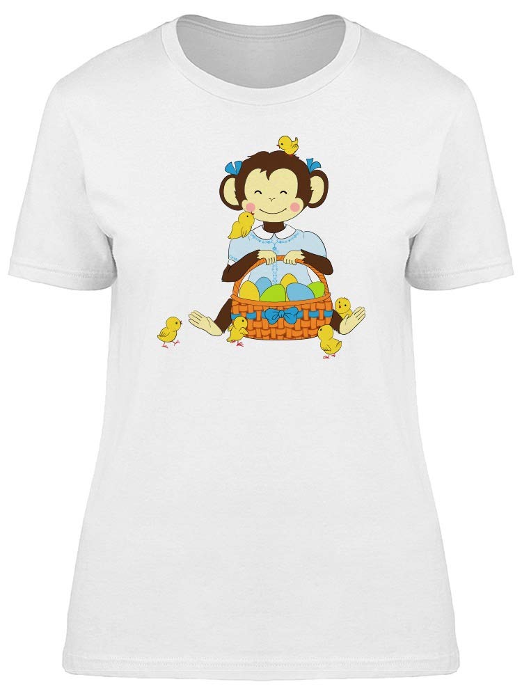 Smartprints Women's Girly Monkey with Easter Eggs Graphic T-Shirt - Cute Casual Tee for Easter, Spring Outfits & Everyday Wear