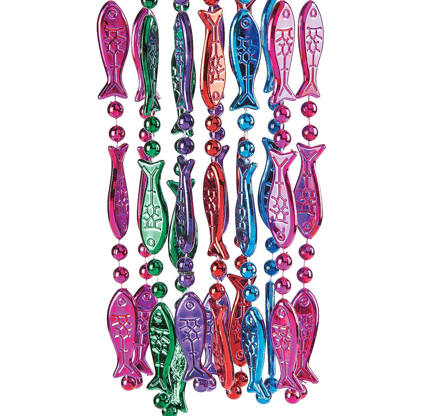 Fun Express Bulk Set of 48 Colorful Fish Bead Necklaces - Mardi Gras Party Beads & VBS Vacation Bible School Decorations - Perfect for Parades, Costume Accessories & Kids Crafts