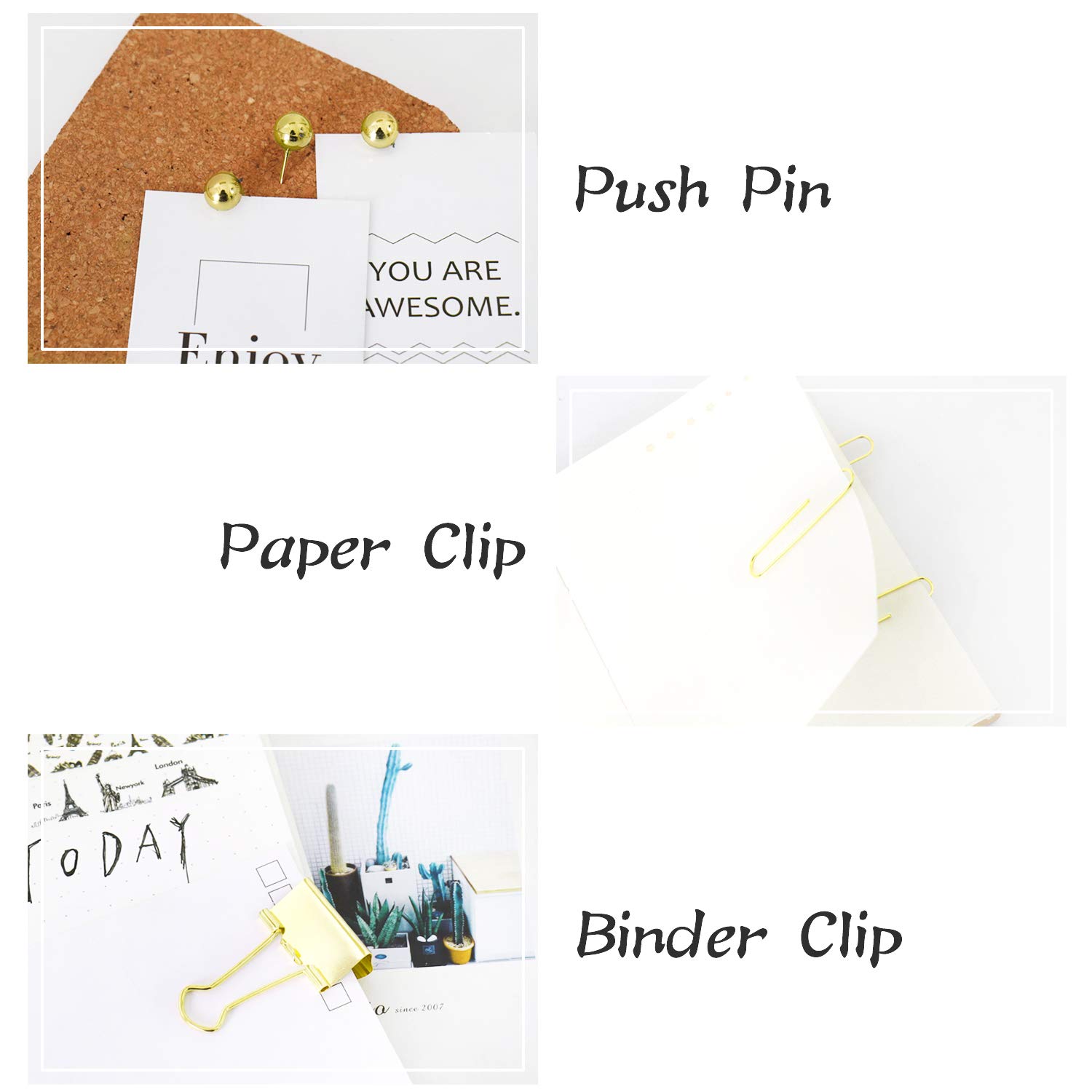 182pcs Gold Binder Clips Set - Large Paper Clips, Binder Clips & Push Pins - Premium Office Supplies for Women - Desk Organizer Accessories for Home Office, School & Workplace